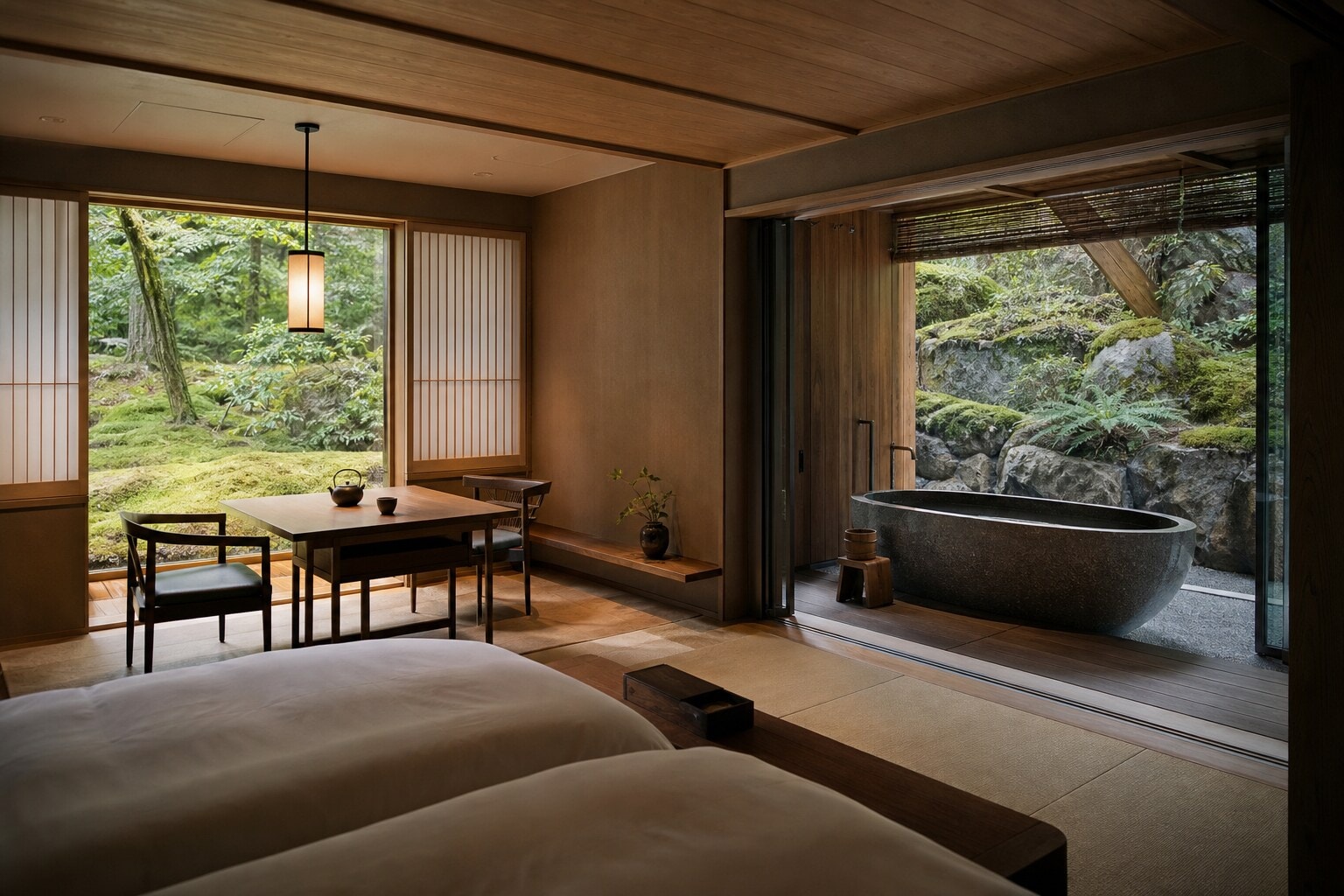 A serene luxury hotel room in Japan featuring a private bath and moss garden view