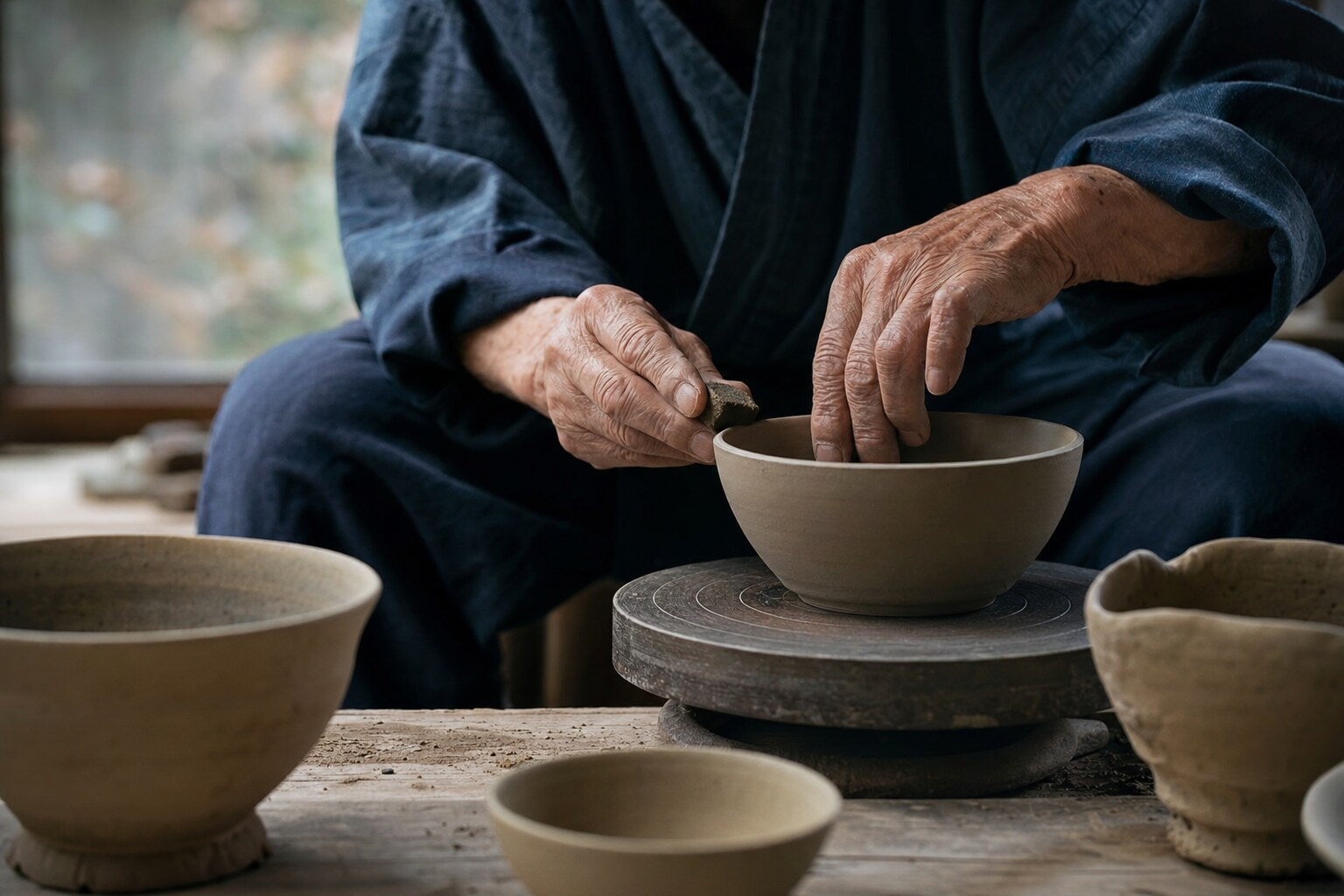 A Japanese shokunin artisan crafting a traditional ceramic bowl in a quiet atelier