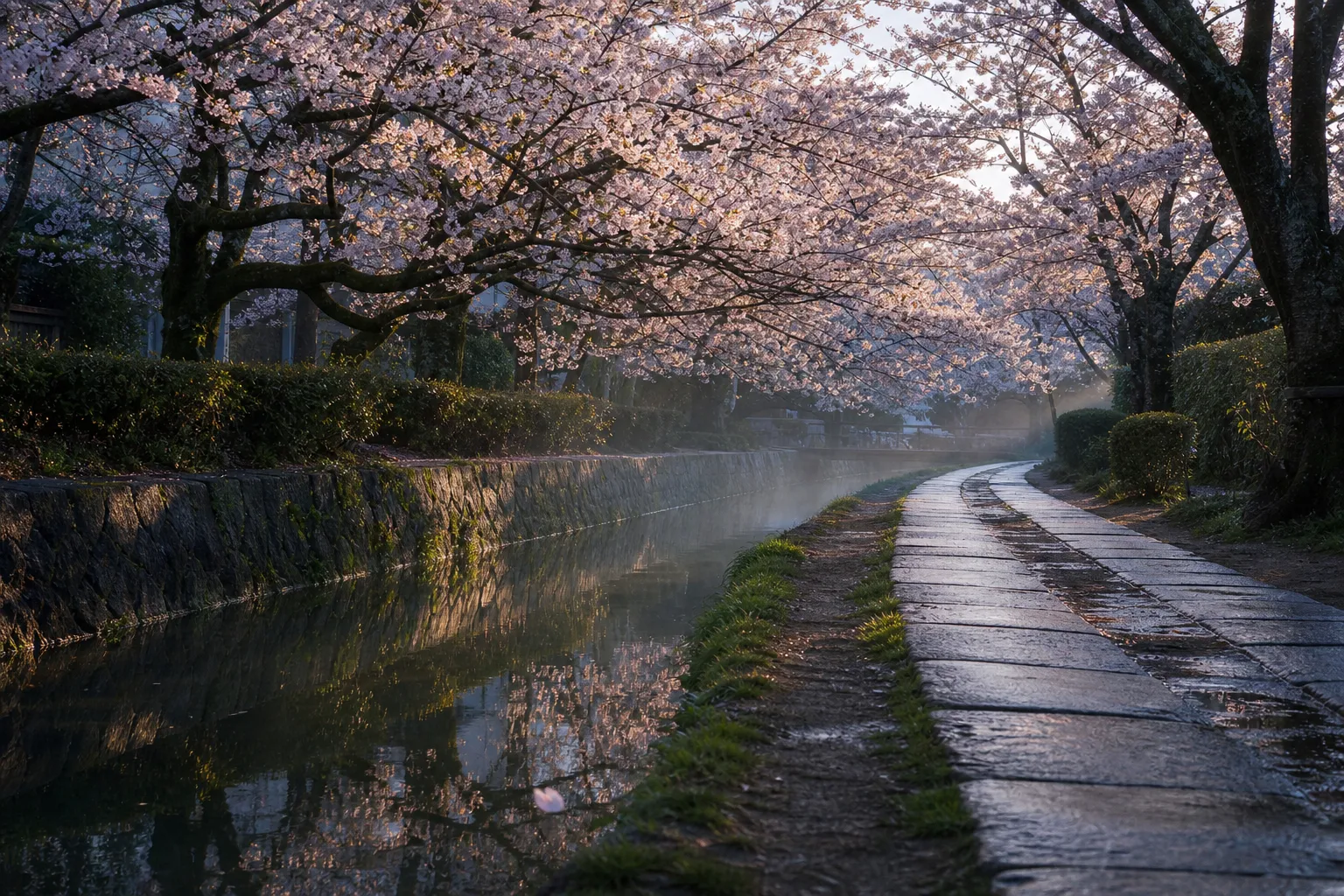 A tranquil, uncrowded morning view of Kyoto's Philosopher's Path, where hundreds of blooming pink cherry trees create a stunning canopy reflecting beautifully in the quiet canal below.
