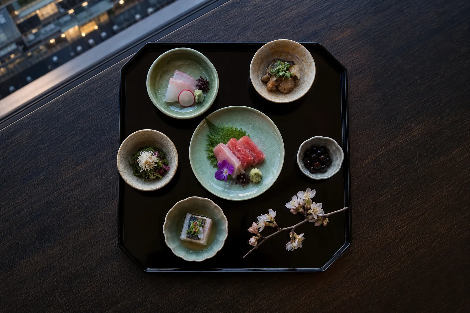 A top-down view of a beautifully arranged Japanese kaiseki dinner with small ceramic bowls, seasonal sashimi, and delicate garnishes, set in a sophisticated Kyoto Station restaurant with warm lighting.