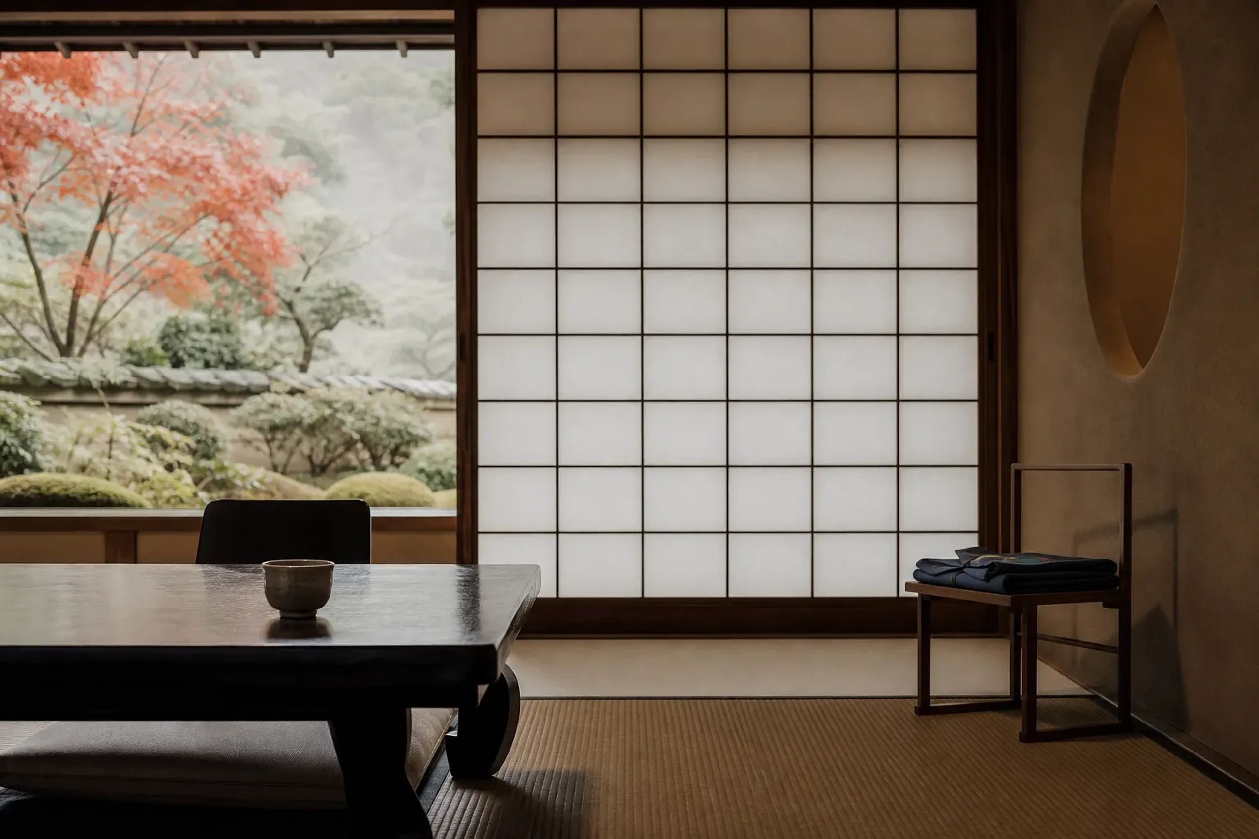 Quiet Japanese room with shoji screens and a folded yukata, suggesting a midday rest in Kyoto