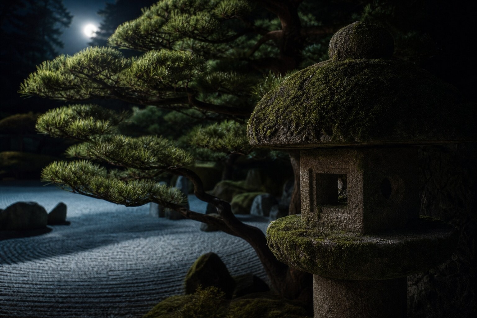 Moss-covered stone lantern in a Kyoto garden at night
