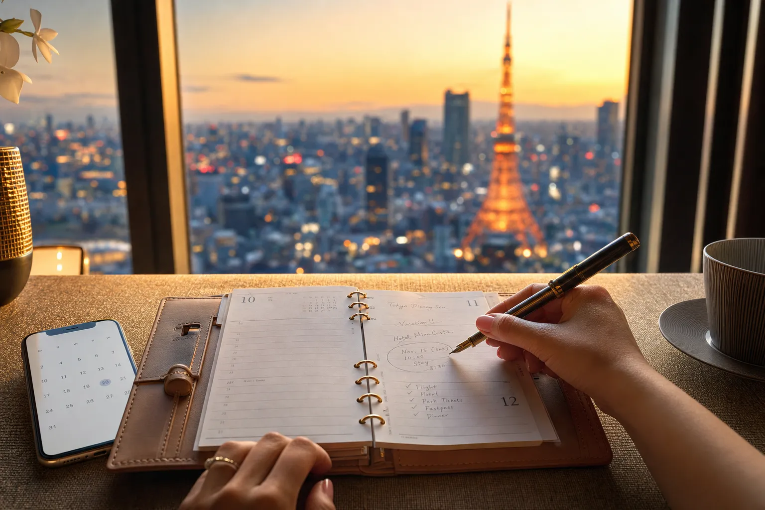 Travel planner and phone calendar used to map Tokyo DisneySea dates for late September and October 2026