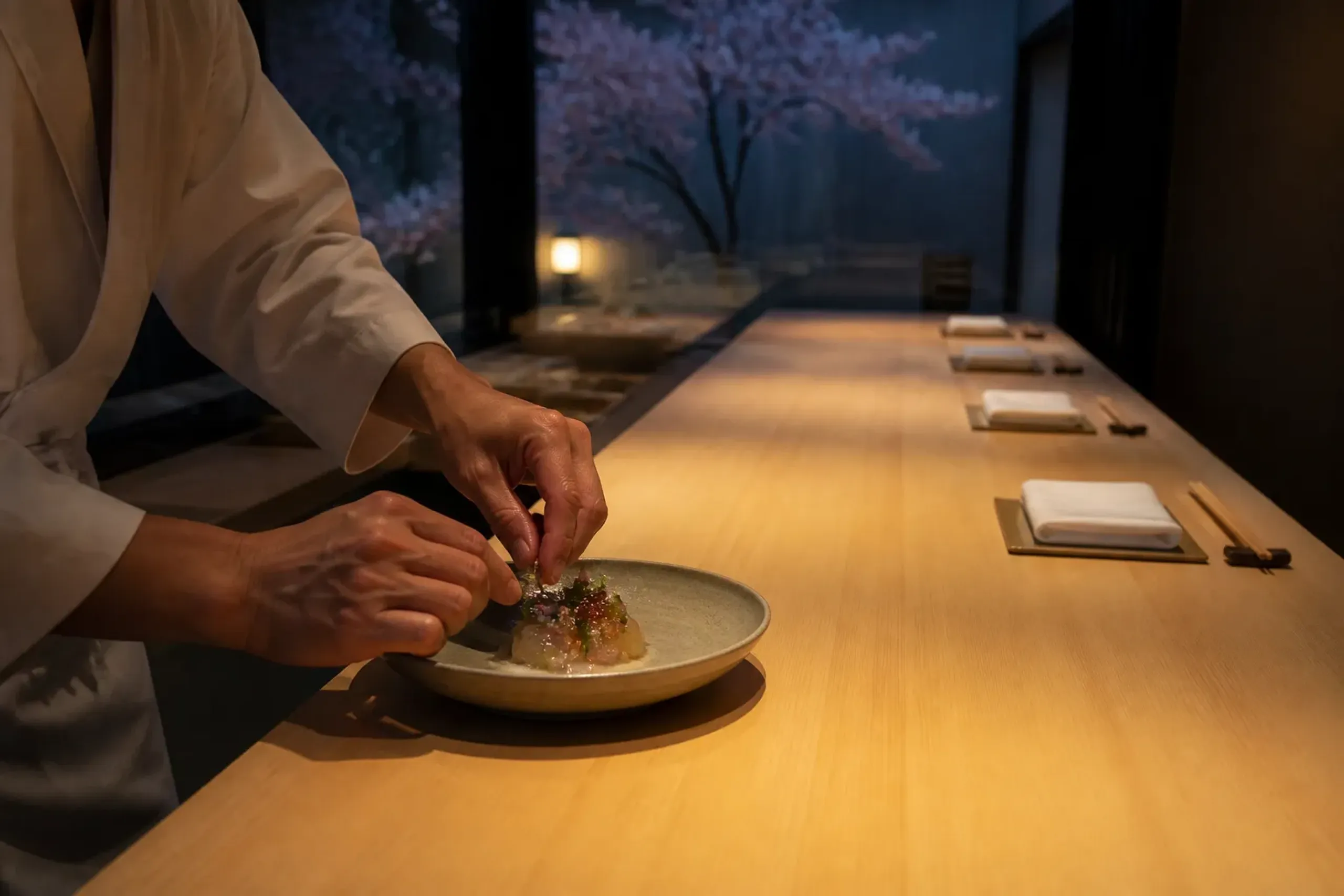 Japanese fine-dining counter setting with chef plating a dish in soft light