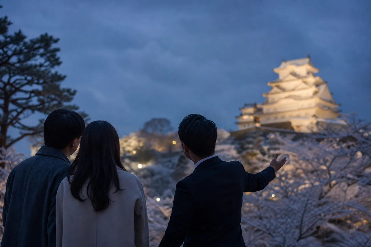 Tour guide speaking to a couple at a illuminated Japanese castle during dusk.