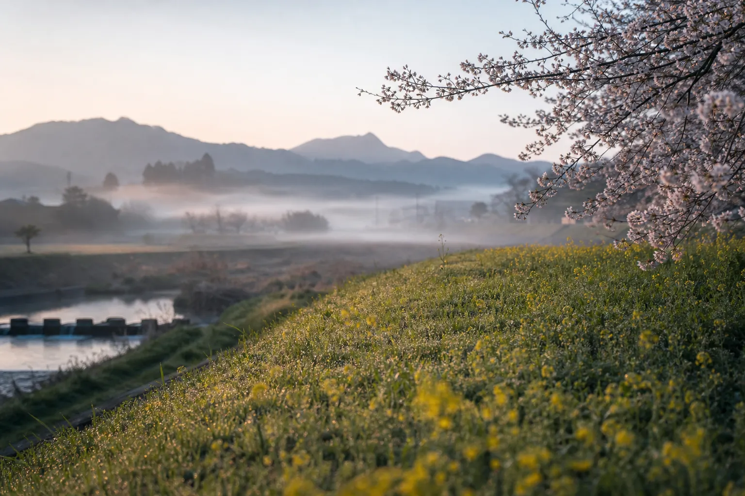 Quiet Southern Kyushu countryside at dawn with mist over fields and distant hills
