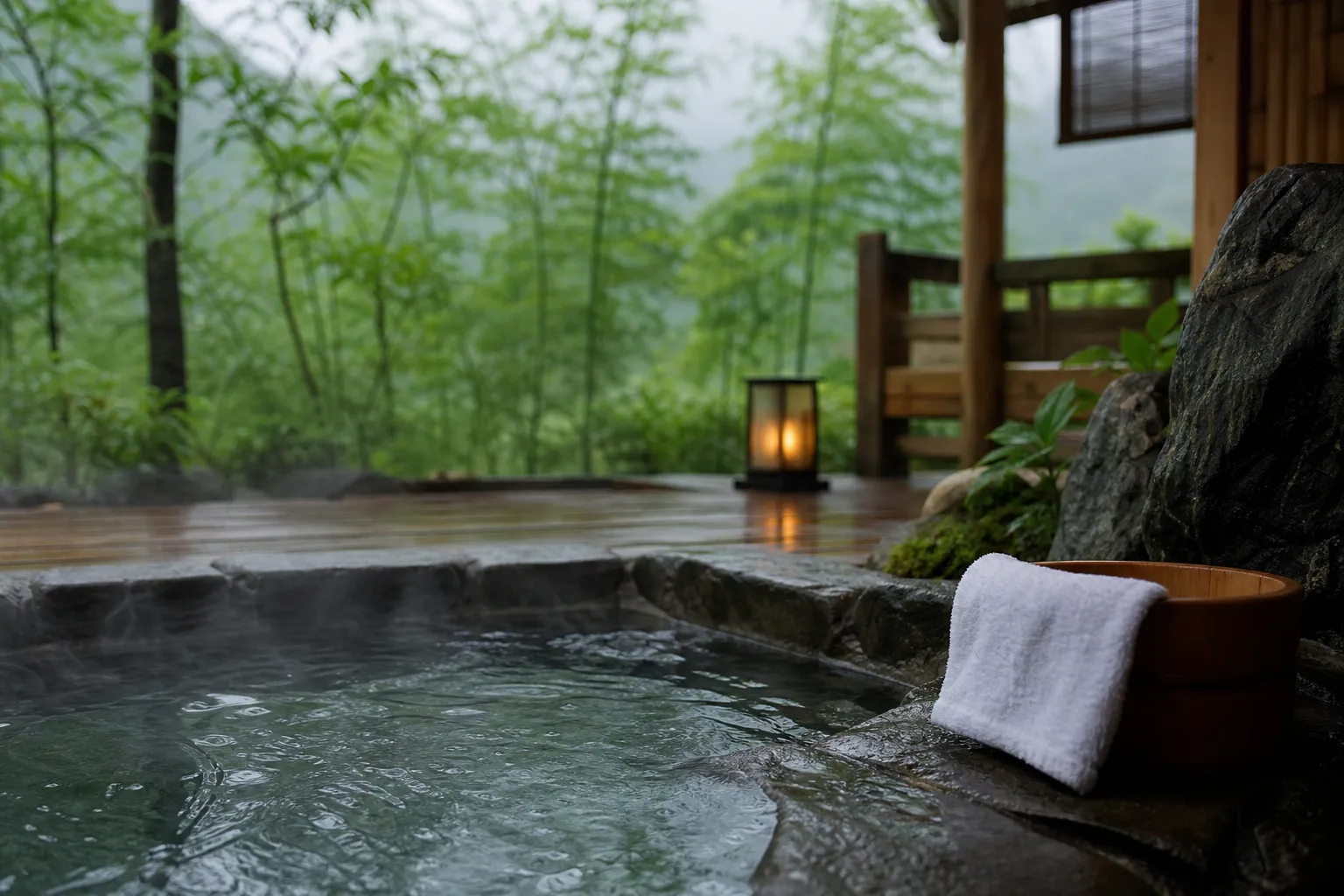 Outdoor hot spring rotenburo beside a wooden deck in a bamboo grove in Kumamoto area