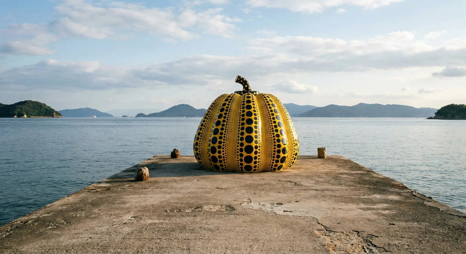 The famous yellow pumpkin sculpture by Yayoi Kusama, sitting on a pier in Naoshima with the ocean in the background.
