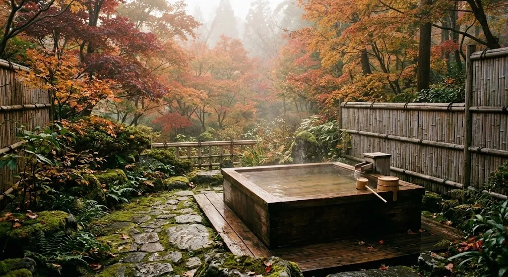 A steaming dark wood private outdoor onsen bath on a secluded terrace surrounded by mossy rocks, bamboo, and misty autumn Japanese maple trees in soft, diffused light.