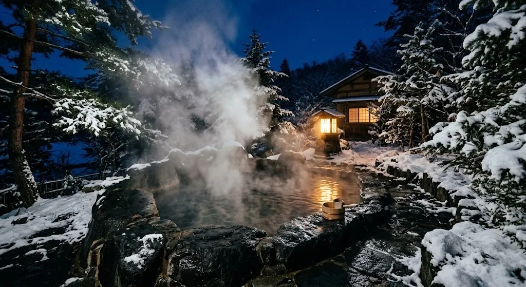 A dark stone private hot spring bath is surrounded by snow-dusted pine branches, with thick white steam rising into the cold, blue-toned twilight winter air.