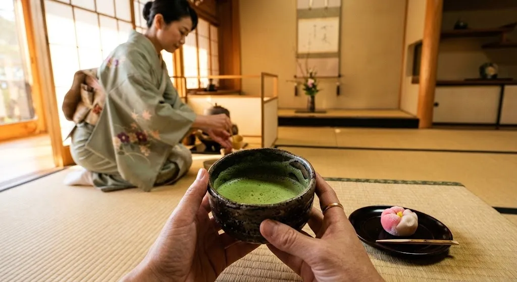A guest enjoys a warm bowl of matcha and a seasonal sweet during a private check-in, as a kimono-clad host ensures every preference is met with subtle, expert care.