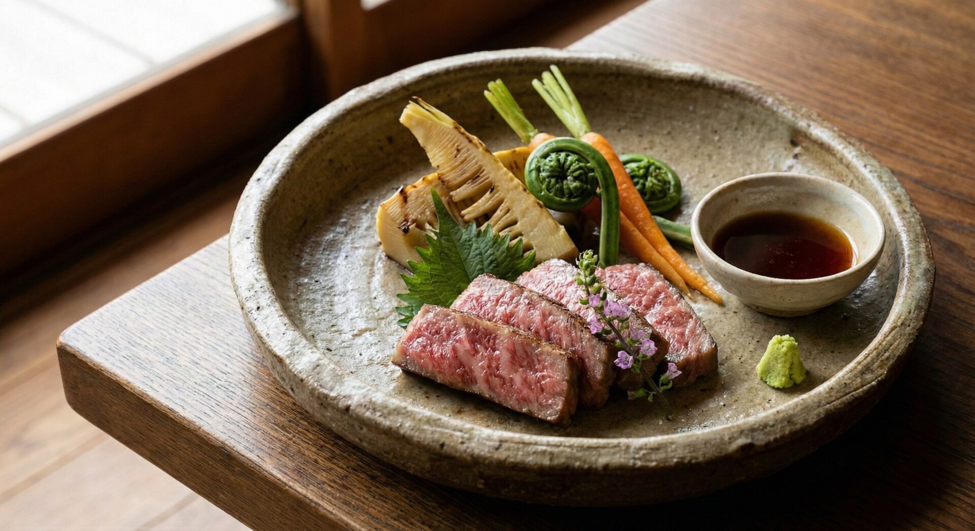 A beautifully plated Japanese Kaiseki dish featuring Hitachi Wagyu beef and seasonal vegetables on artisanal pottery.