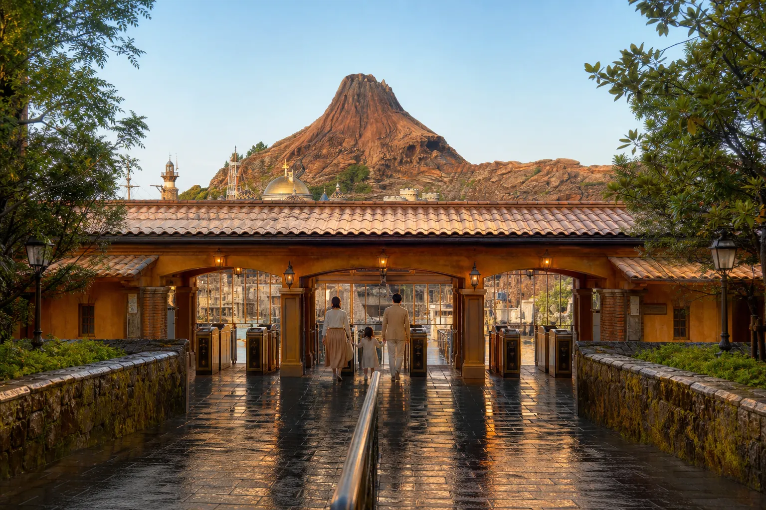 The main entrance gates and turnstiles of Tokyo DisneySea in Urayasu, with the Mediterranean Harbor facade and the tall Prometheus Volcano rising in the background under a clear morning sky