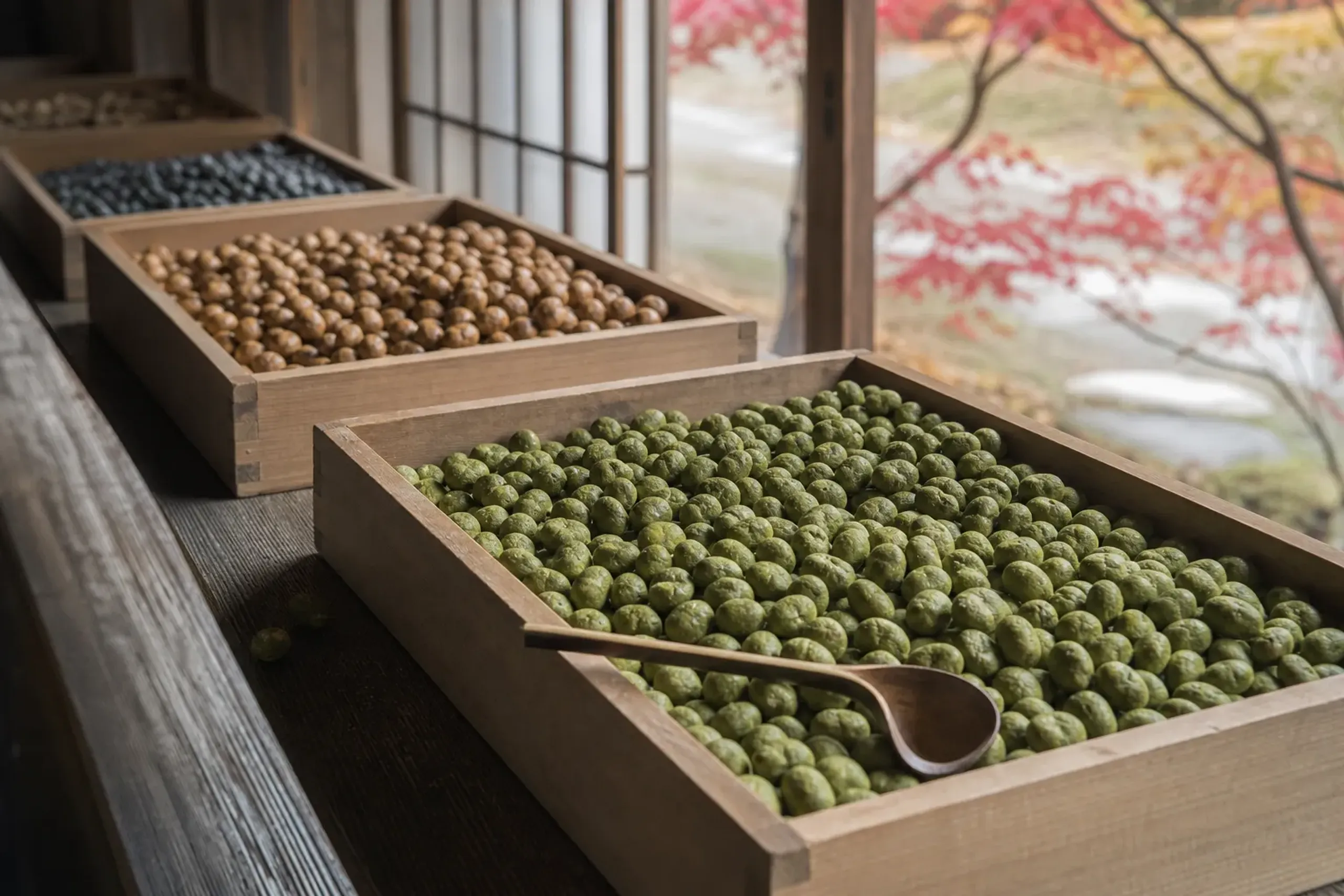 Traditional Japanese coated beans displayed in wooden boxes at a Kamakura shop