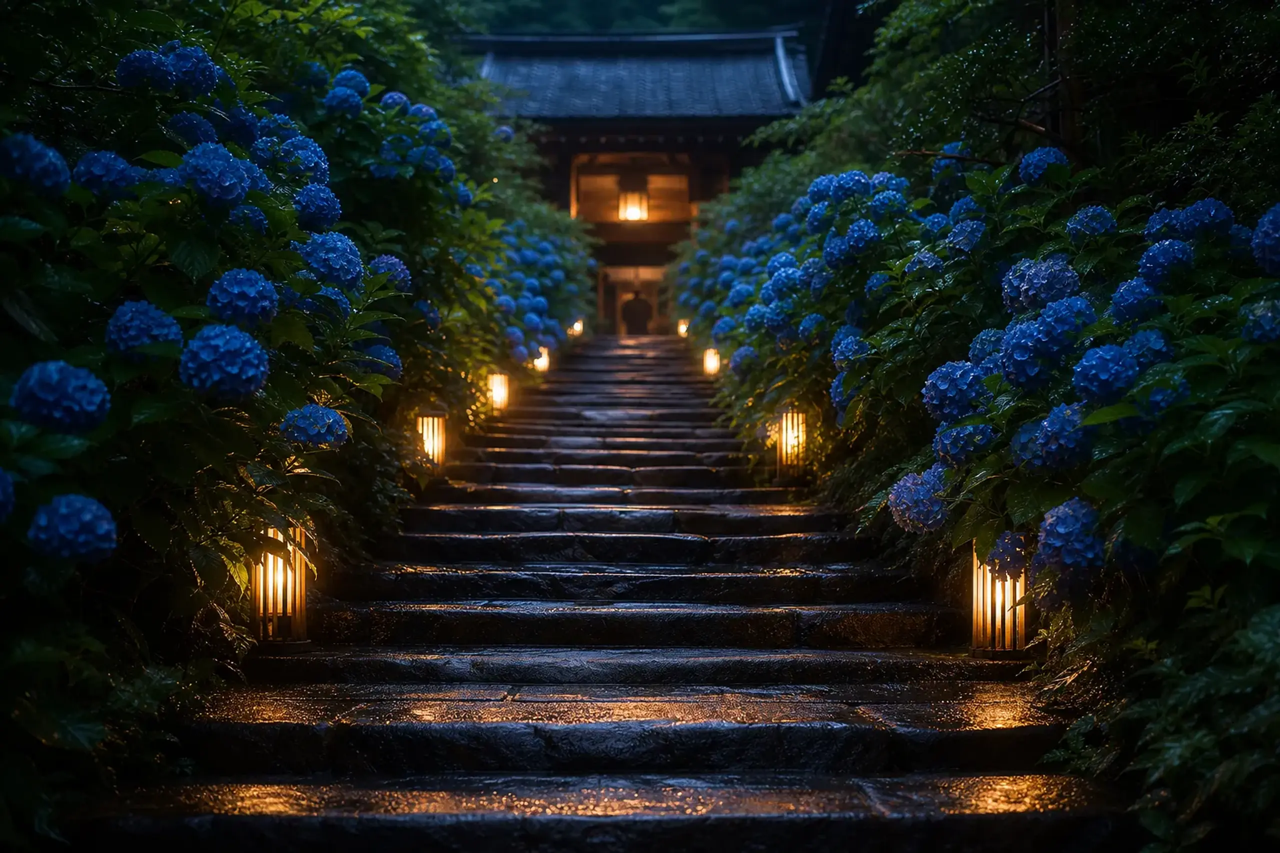 Stone steps leading up to a Japanese temple framed by vibrant blue hydrangeas