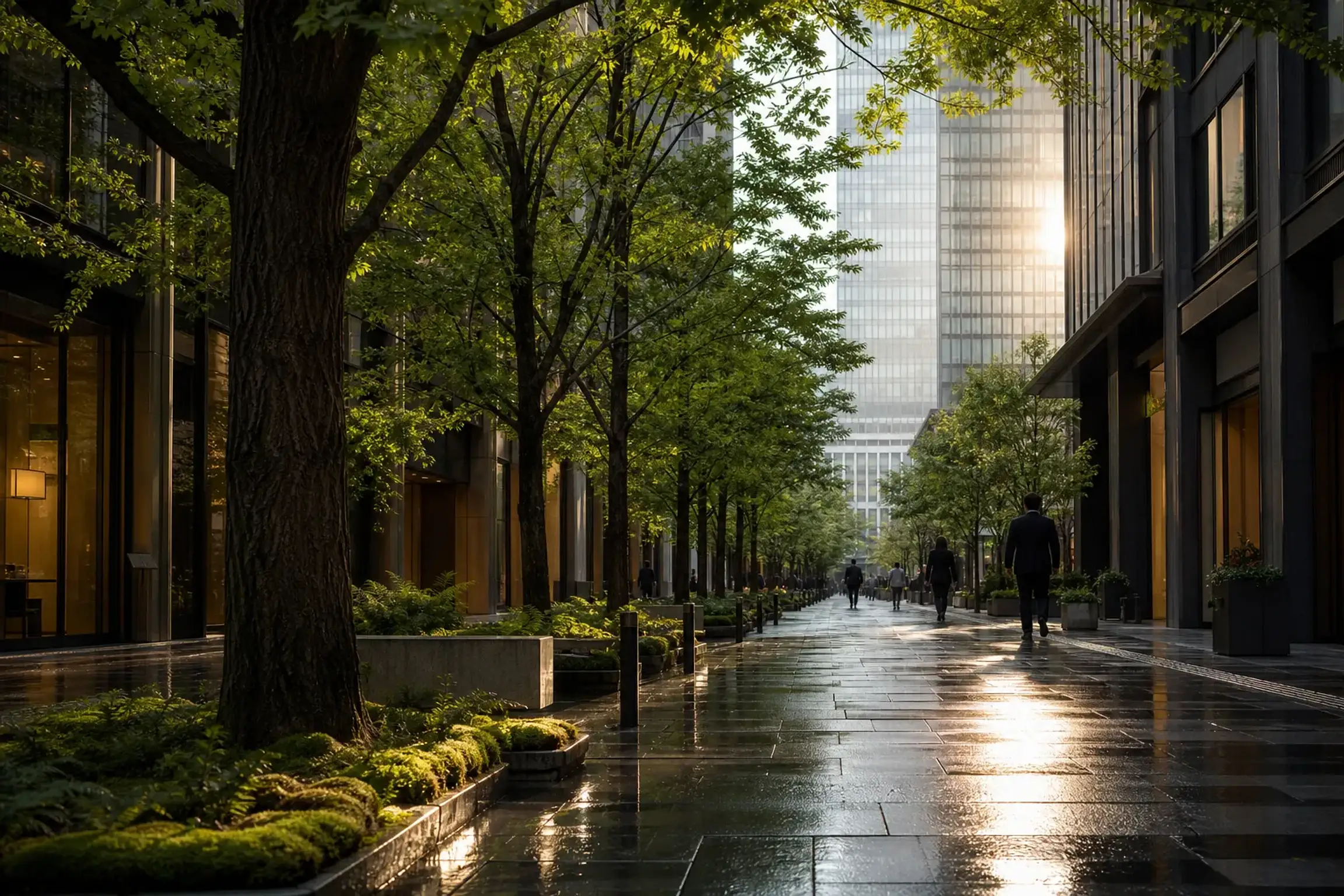 Quiet sidewalk in Marunouchi business district with modern towers and light foot traffic