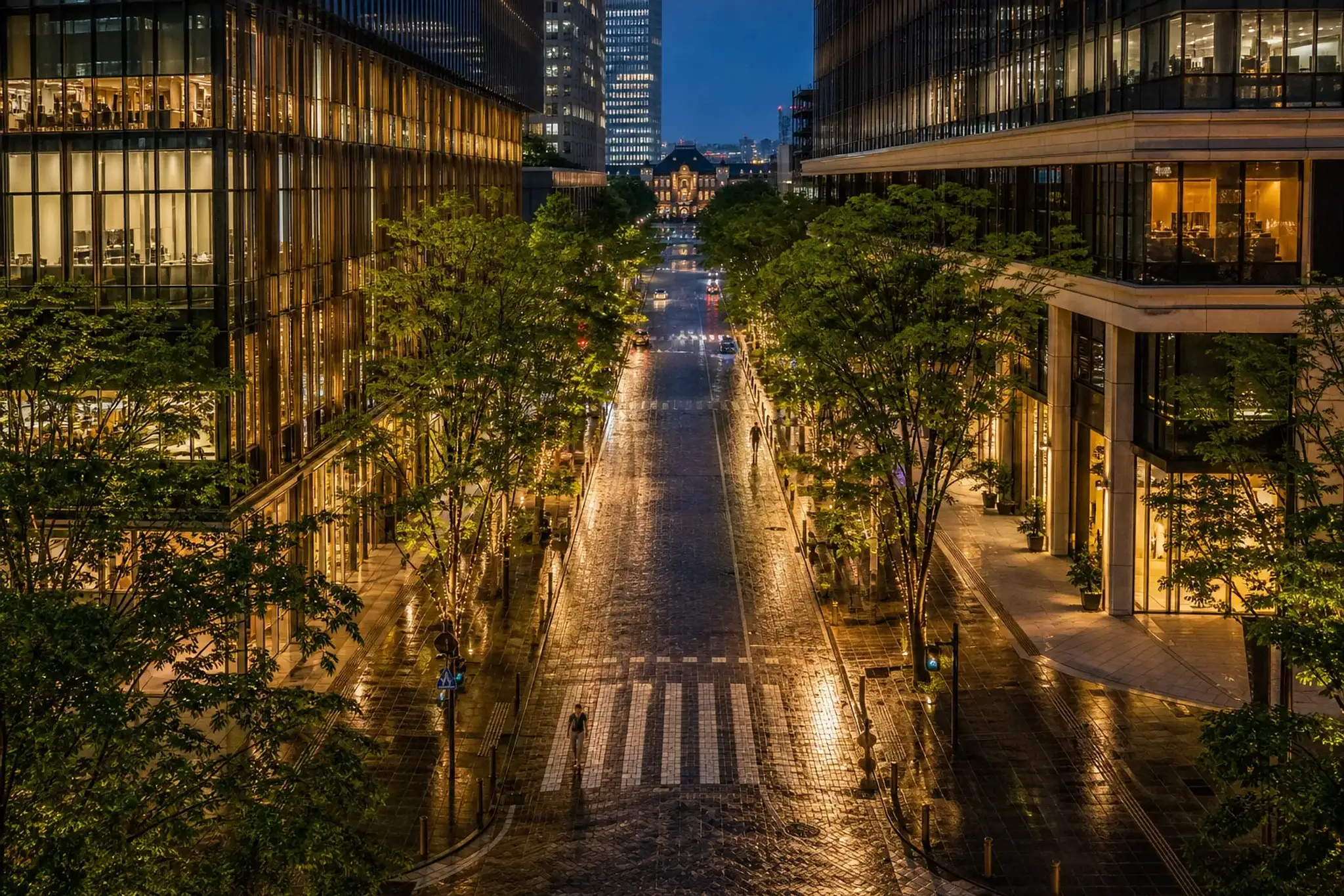 The tree-lined Marunouchi Naka-dori avenue at dusk, its office buildings glowing quietly with sparse foot traffic, set between the red-brick Tokyo Station and the Imperial Palace grounds in Chiyoda Ci
