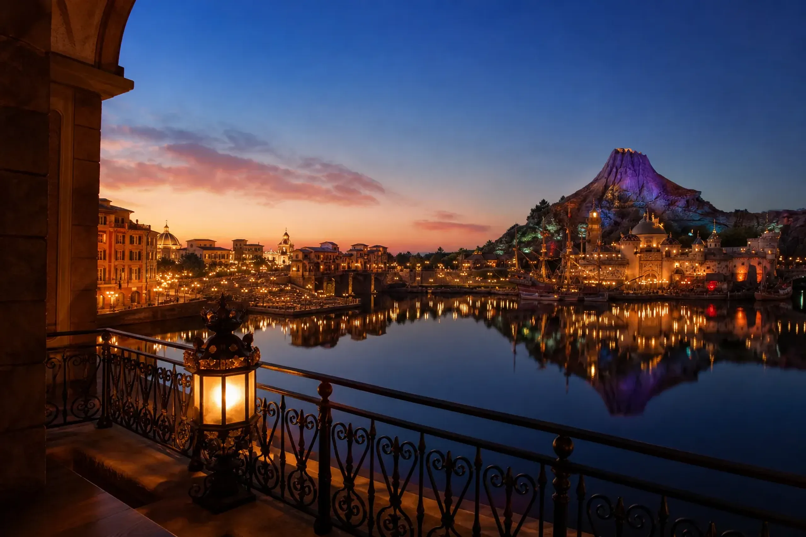 The Porto Paradiso harbor of Tokyo DisneySea at dusk, viewed from a private terrace balcony of Hotel MiraCosta, with the still water reflecting the Mediterranean-style waterfront facades and warm lant