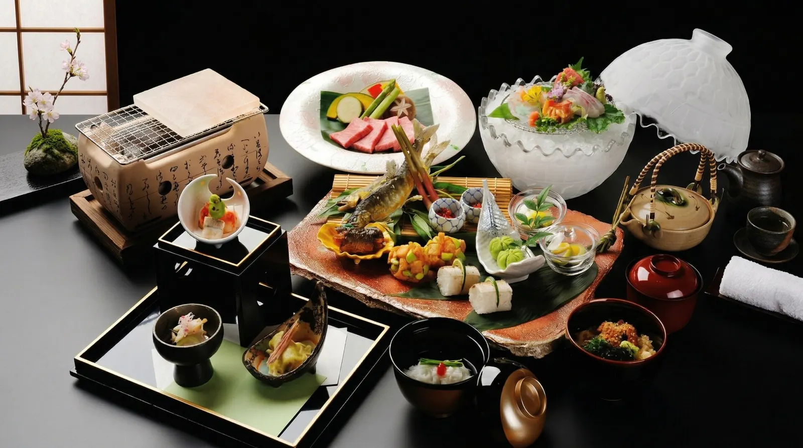 A beautifully plated multi-course Japanese Kaiseki dinner featuring seasonal vegetables and fresh seafood.