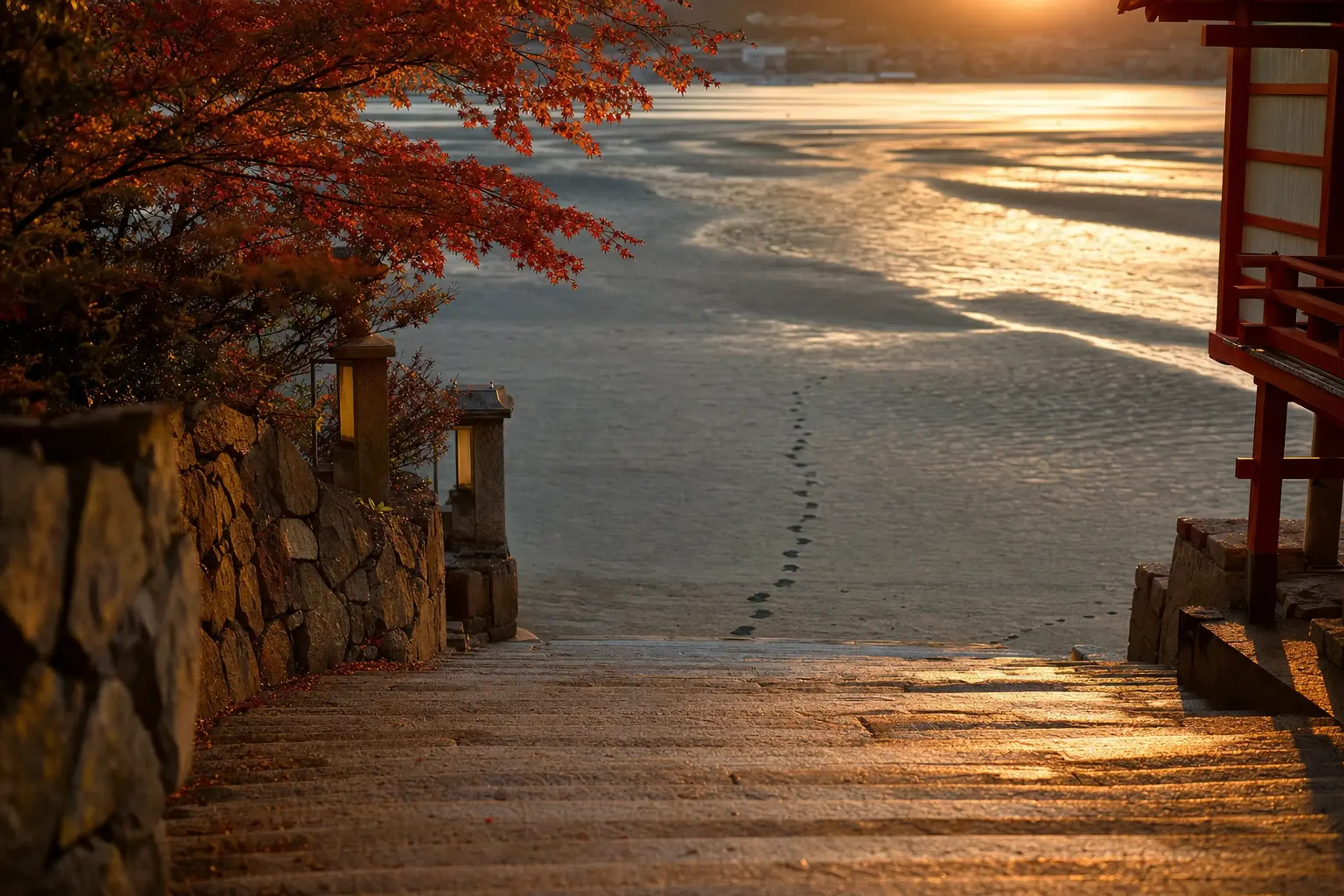 the stone stairs leading down to the exposed tidal beach near the entrance of Itsukushima Shrine at low water