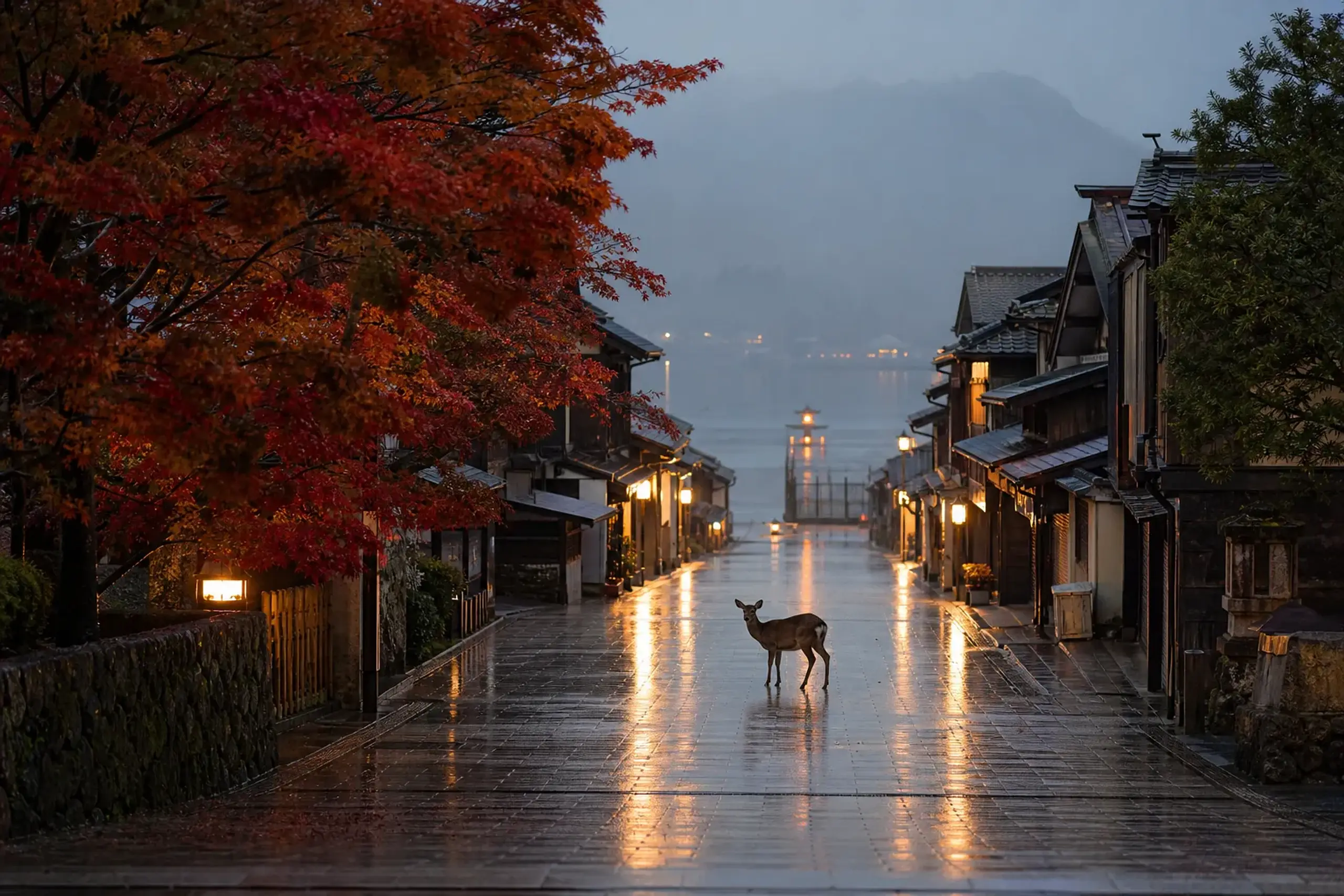 Quiet Omotesando street on Miyajima at night with lantern lights and a deer after most visitors have left