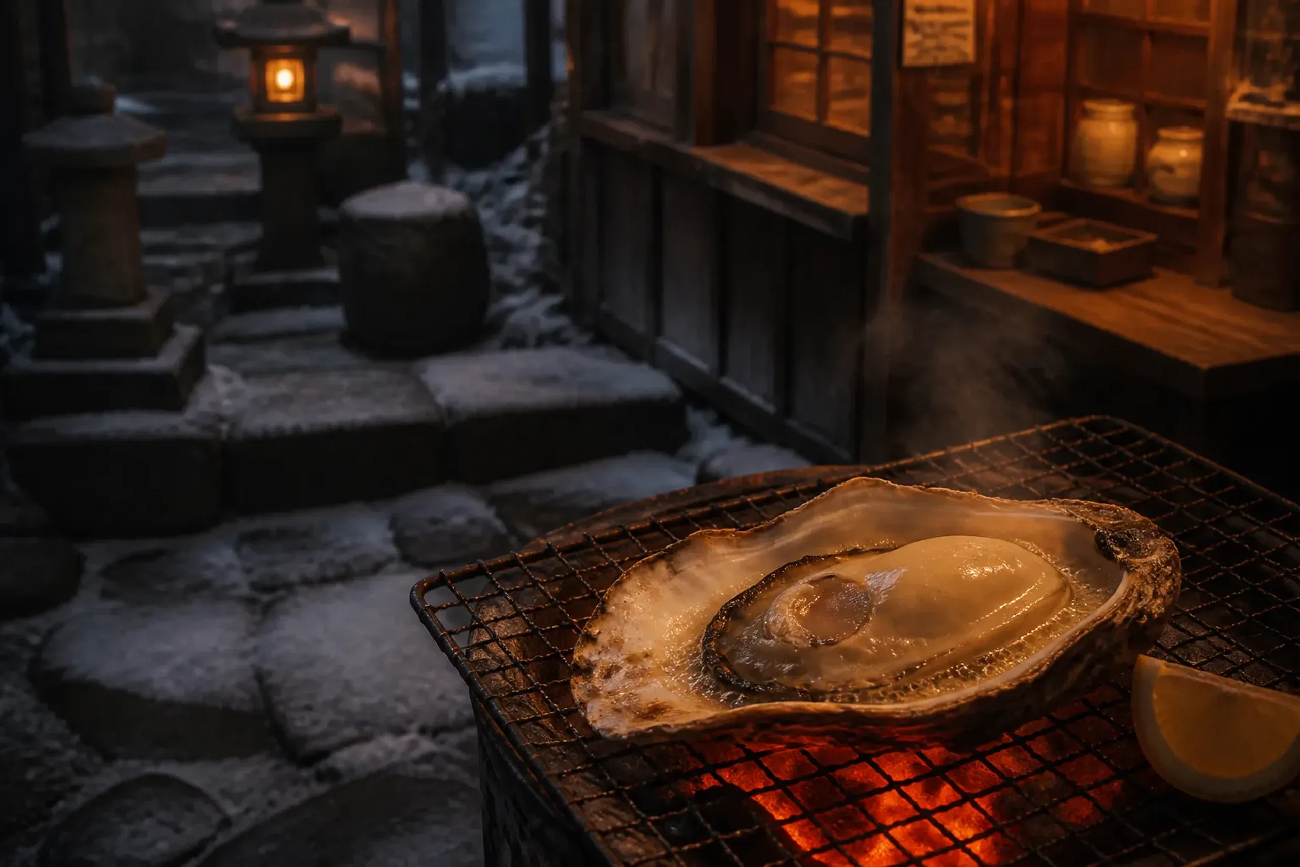 a grilled oyster on the half-shell sizzling over charcoal at a small Omotesandō food stall on Miyajima