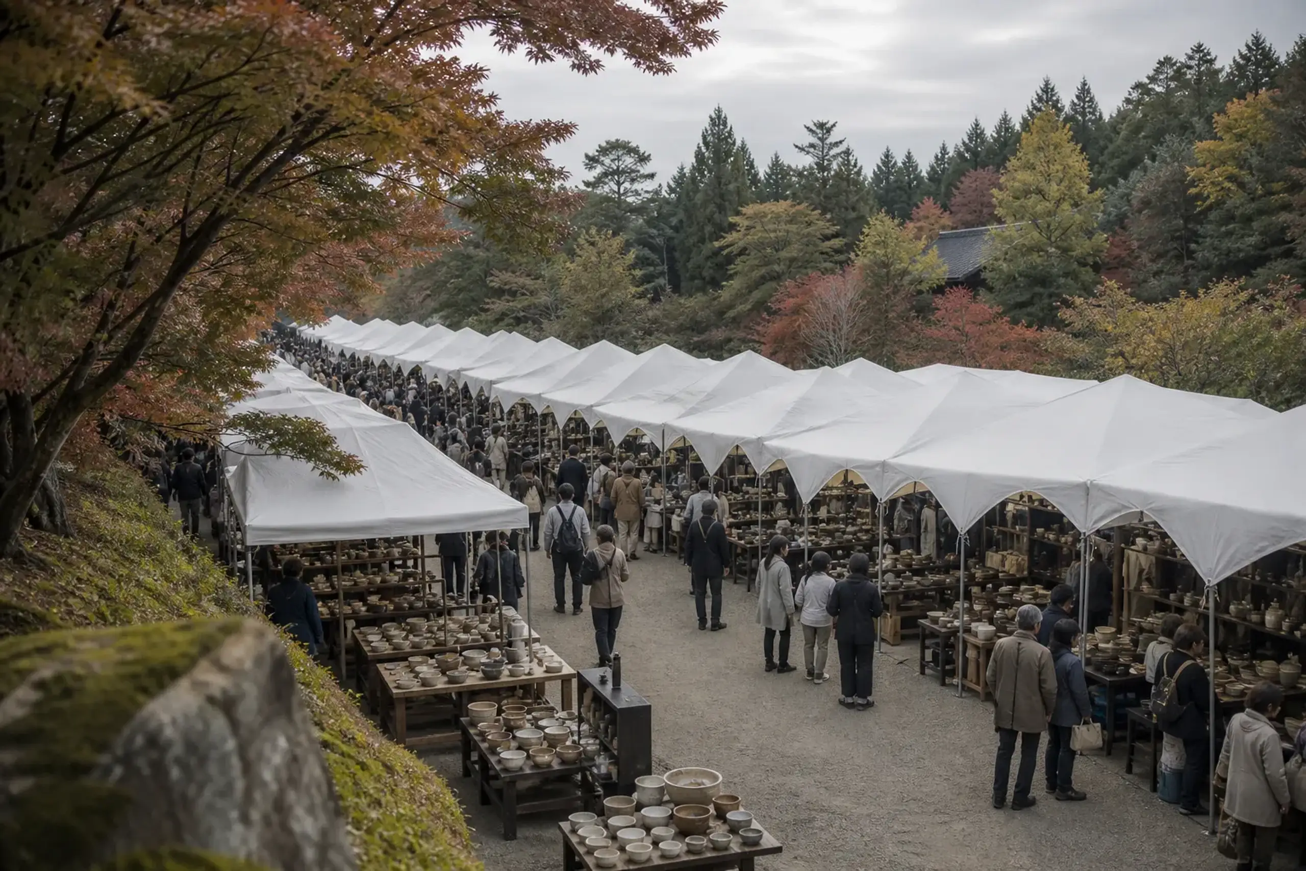 Outdoor pottery fair in Mashiko with many tents and large crowds browsing ceramics