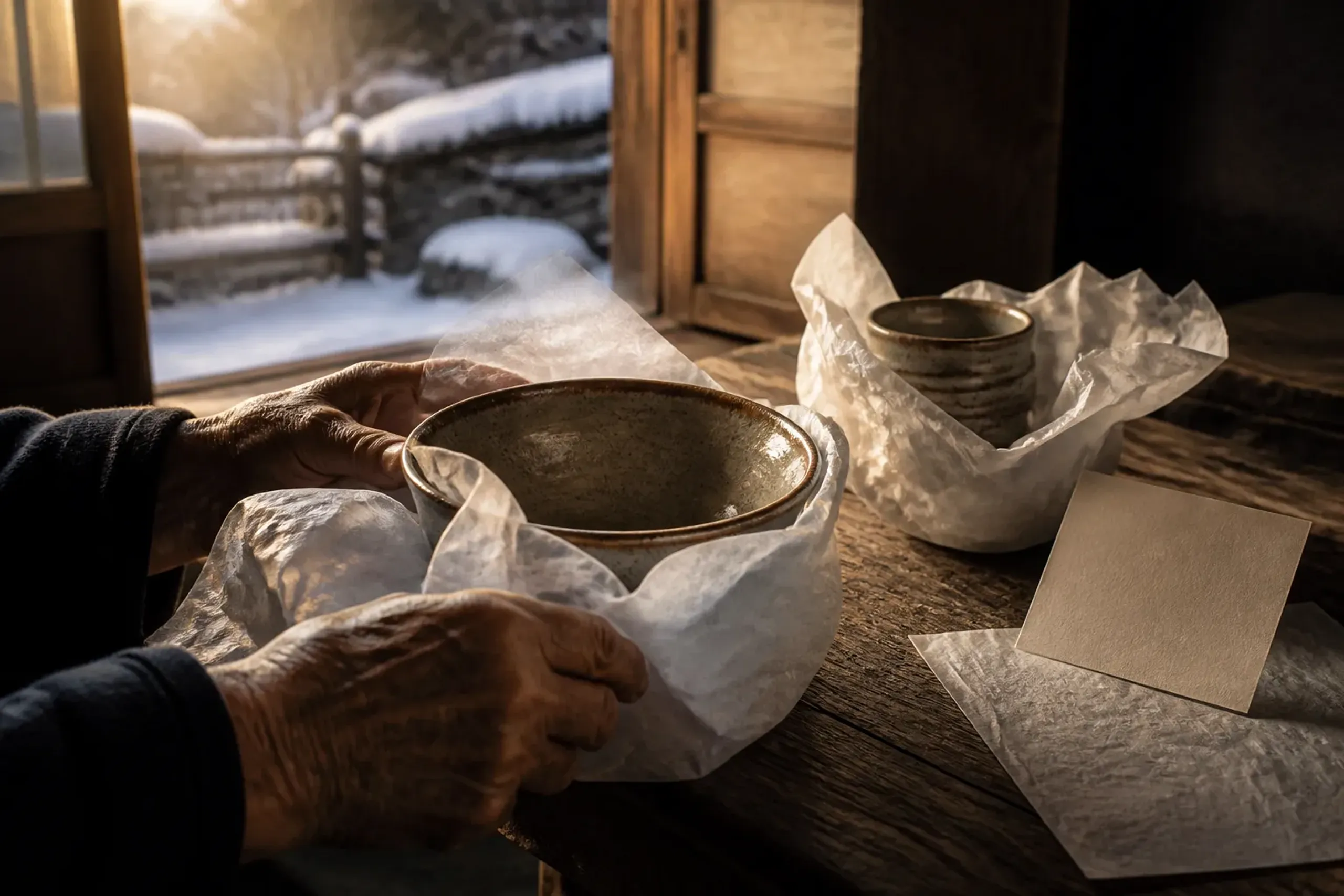 Hands wrapping Mashiko ceramic bowls with protective packing materials on a table