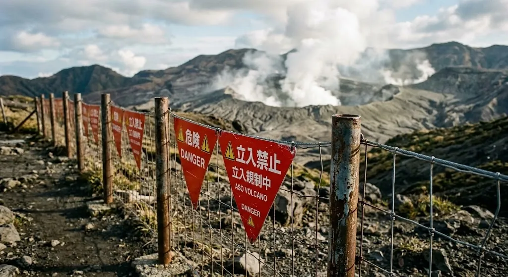 Red hazard signs along a fence at Mount Aso, with volcanic steam rising from the crater beyond