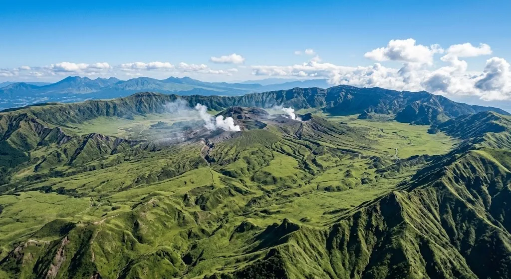 An aerial view of Mount Aso’s steaming crater set within its vast green caldera
