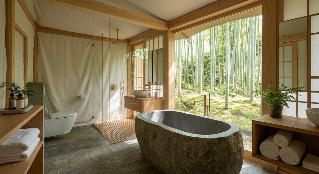 Luxurious bathroom with a large stone tub and wooden accents, open to a bamboo forest view outside