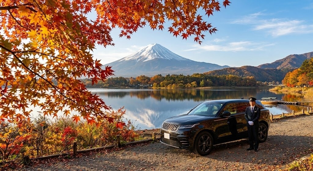 A black SUV parked on a gravel path by a lake, with autumn orange leaves above and a snow-capped mountain in the background; a chauffeur in a suit stands beside the car.