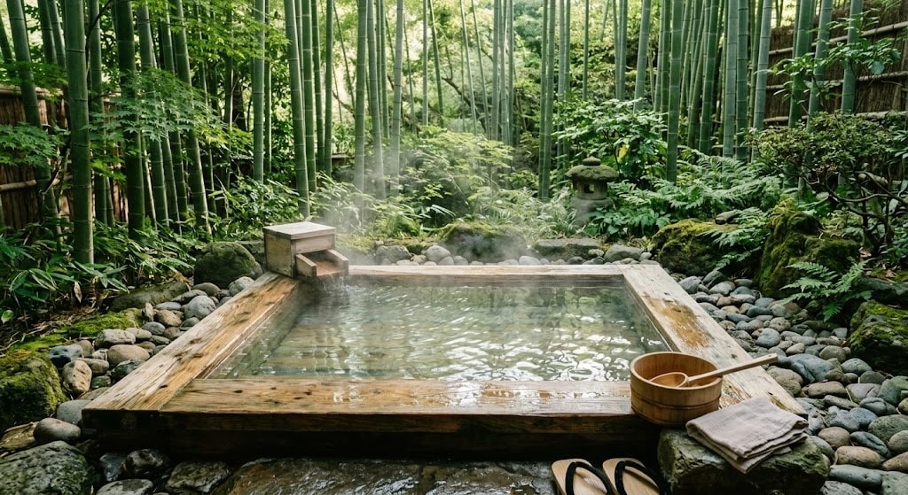 Wooden outdoor onsen bath with steaming water set in a bamboo garden surrounded by stones.