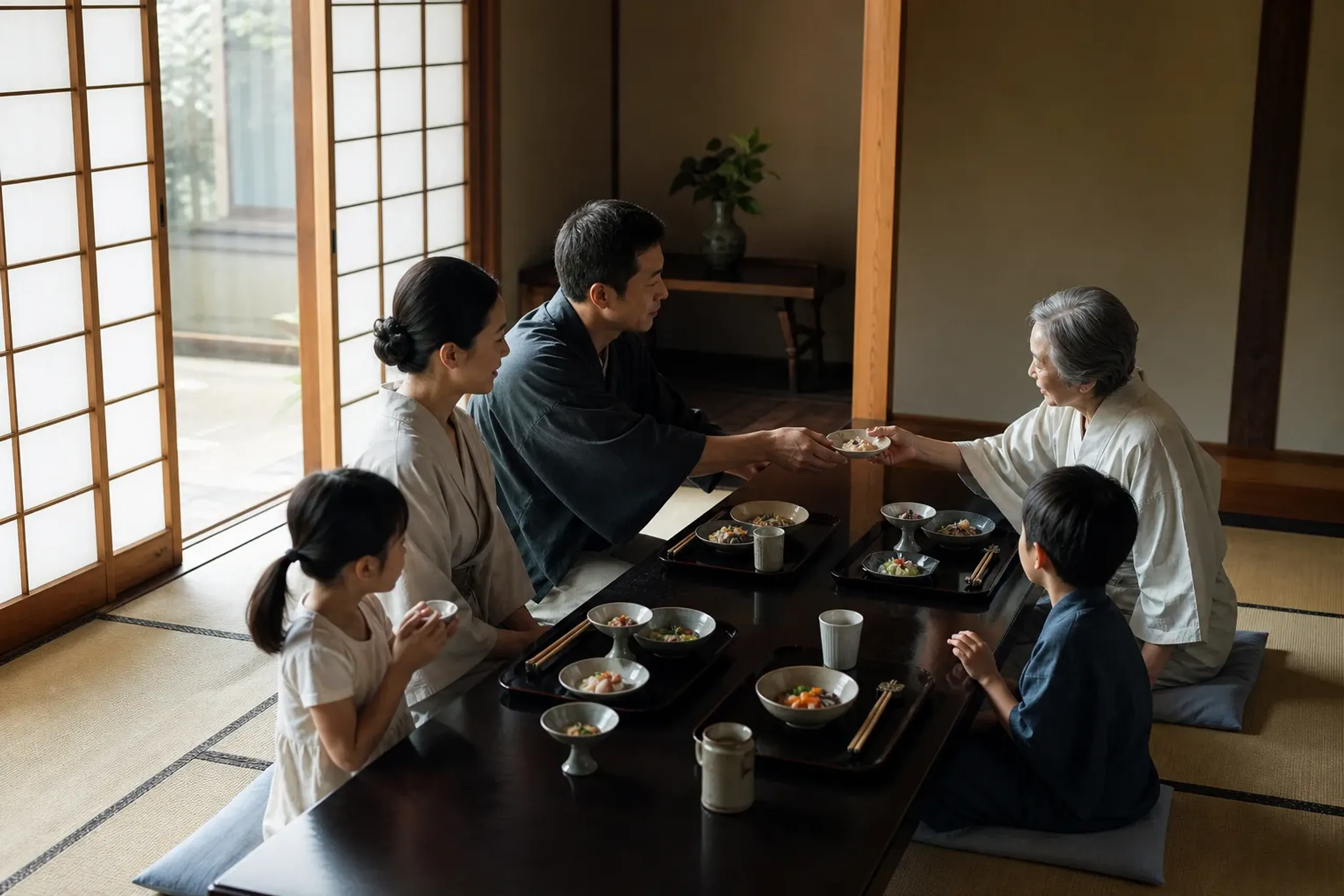 Many traditional meals are served at low tables, sometimes w