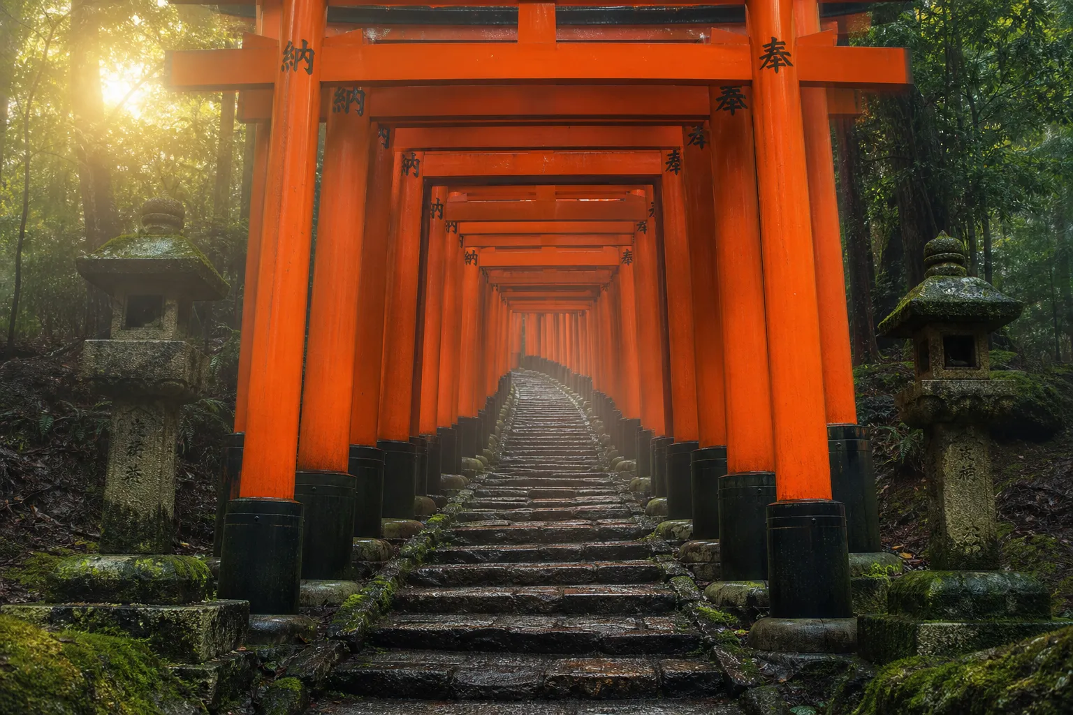 An empty pathway winds through a continuous tunnel of vibrant vermillion torii gates, enveloped in thick morning mist with soft sunlight filtering down through the surrounding green forest.