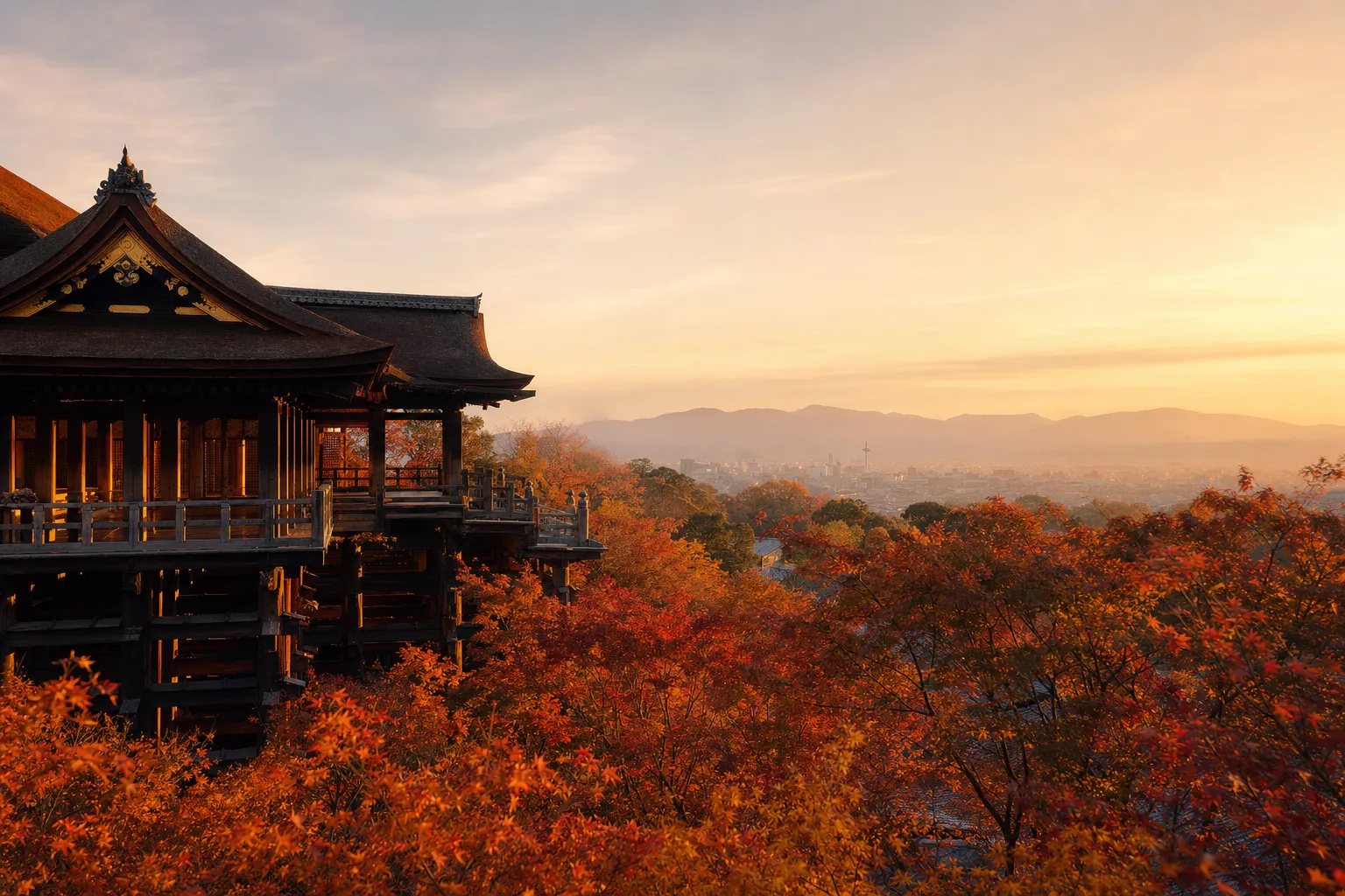 A dramatic view of Kiyomizu-dera's expansive wooden stage jutting out from a steep hillside, beautifully surrounded by vibrant crimson and gold autumn maple trees under a soft golden sky.