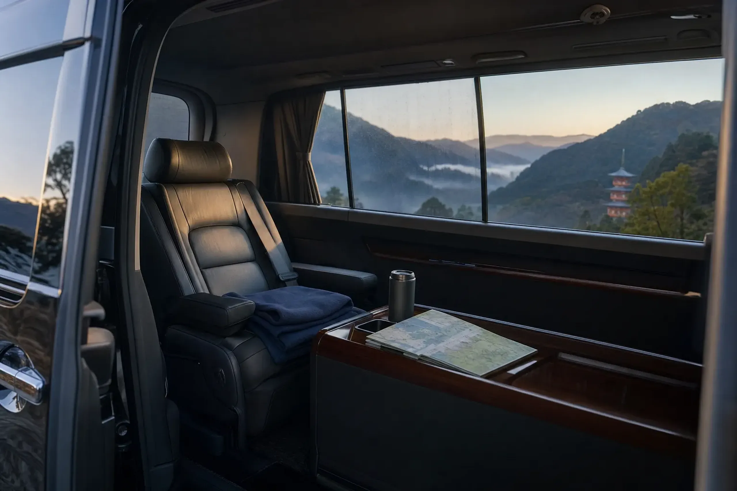Luxury chauffeured minivan interior prepared for a private drive to the Nachisan area in Wakayama