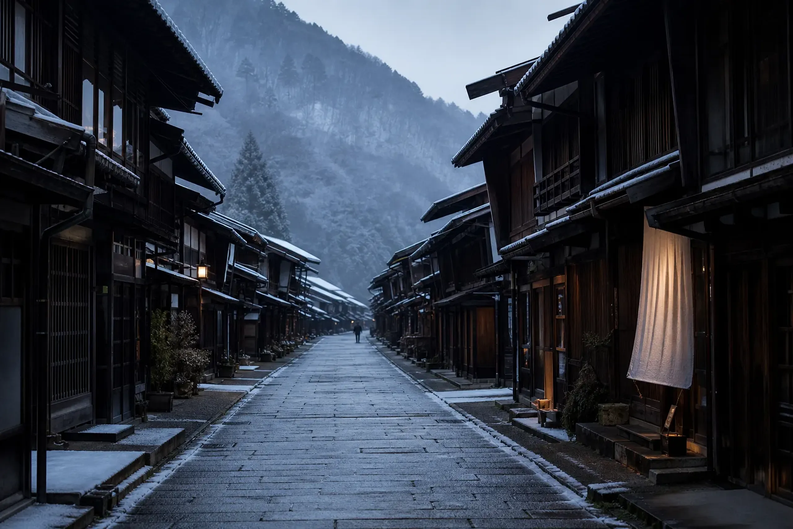 A long view of Narai-juku’s historic main street with preserved wooden buildings in Nagano