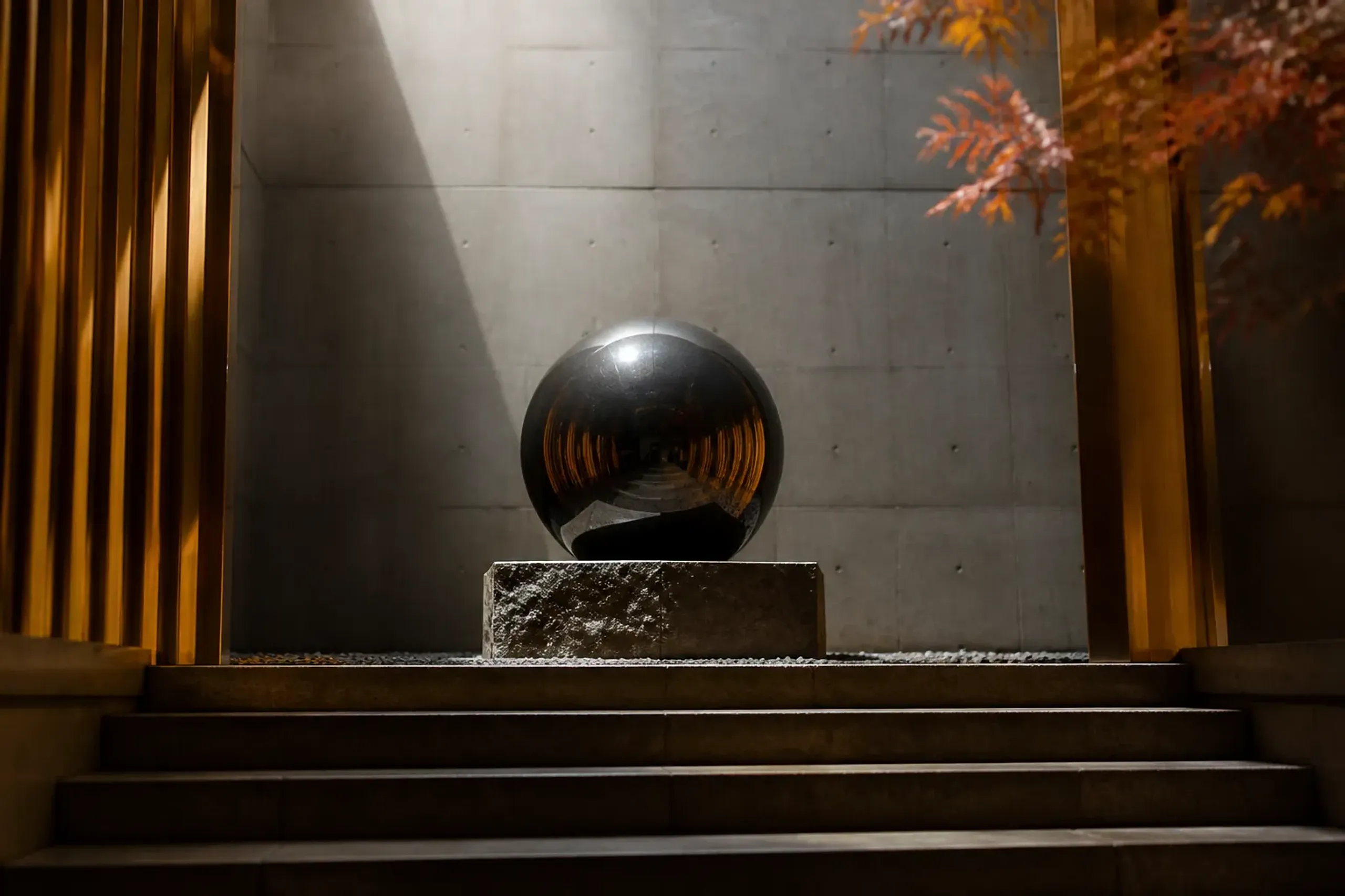 Walter De Maria's Time/Timeless/No Time granite sphere resting in a vast church-sized concrete chamber at Chichu Art Museum, Naoshima