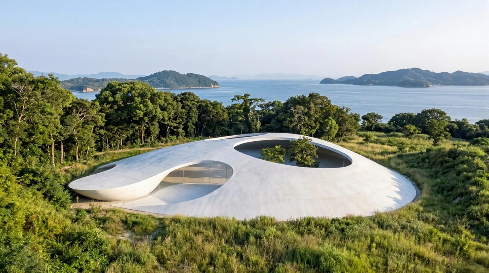 A smooth, white, dome-like concrete structure sitting in the middle of green fields and rolling hills.