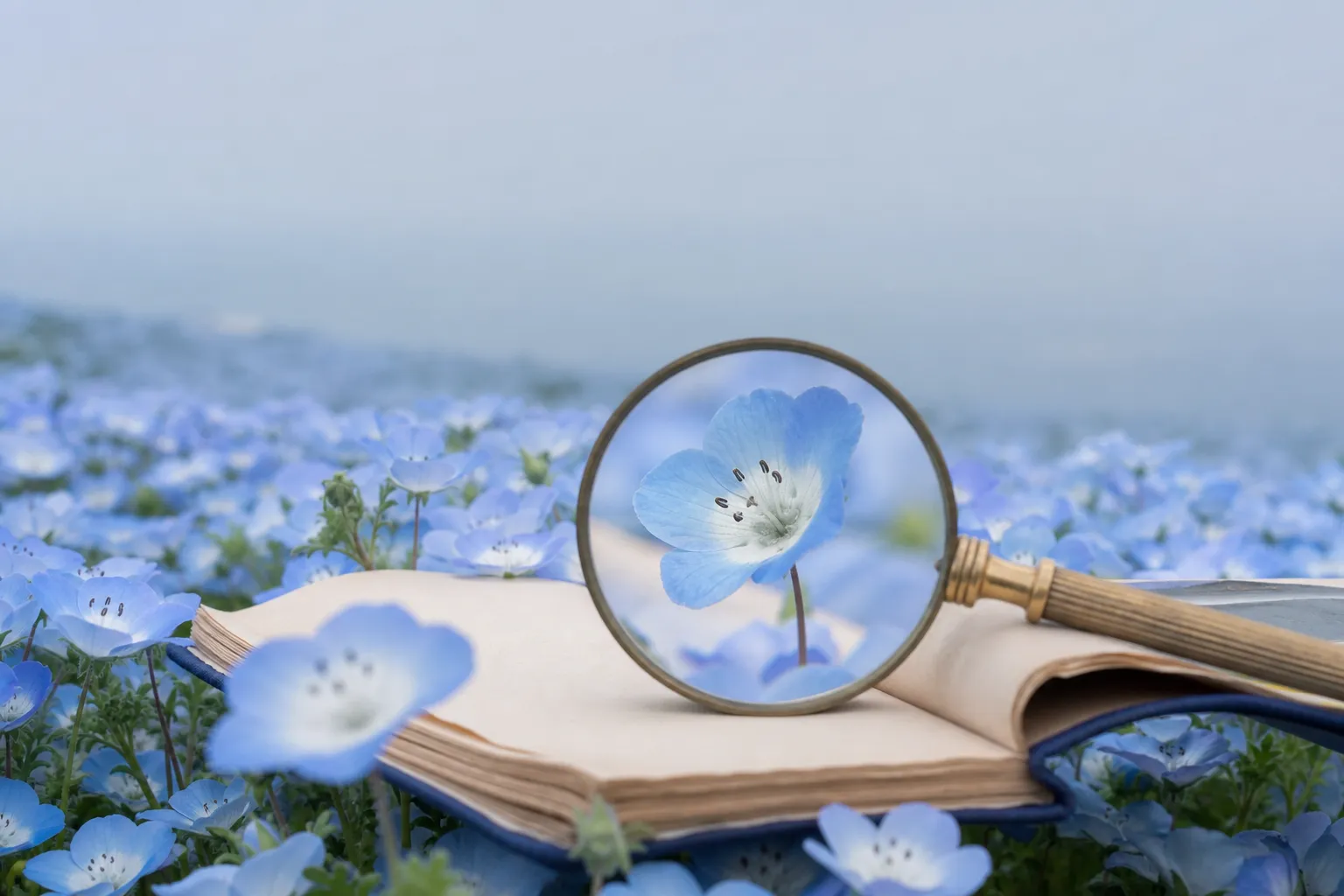 A field of blue nemophila flowers with a magnifying glass highlighting a single bloom beside an open book