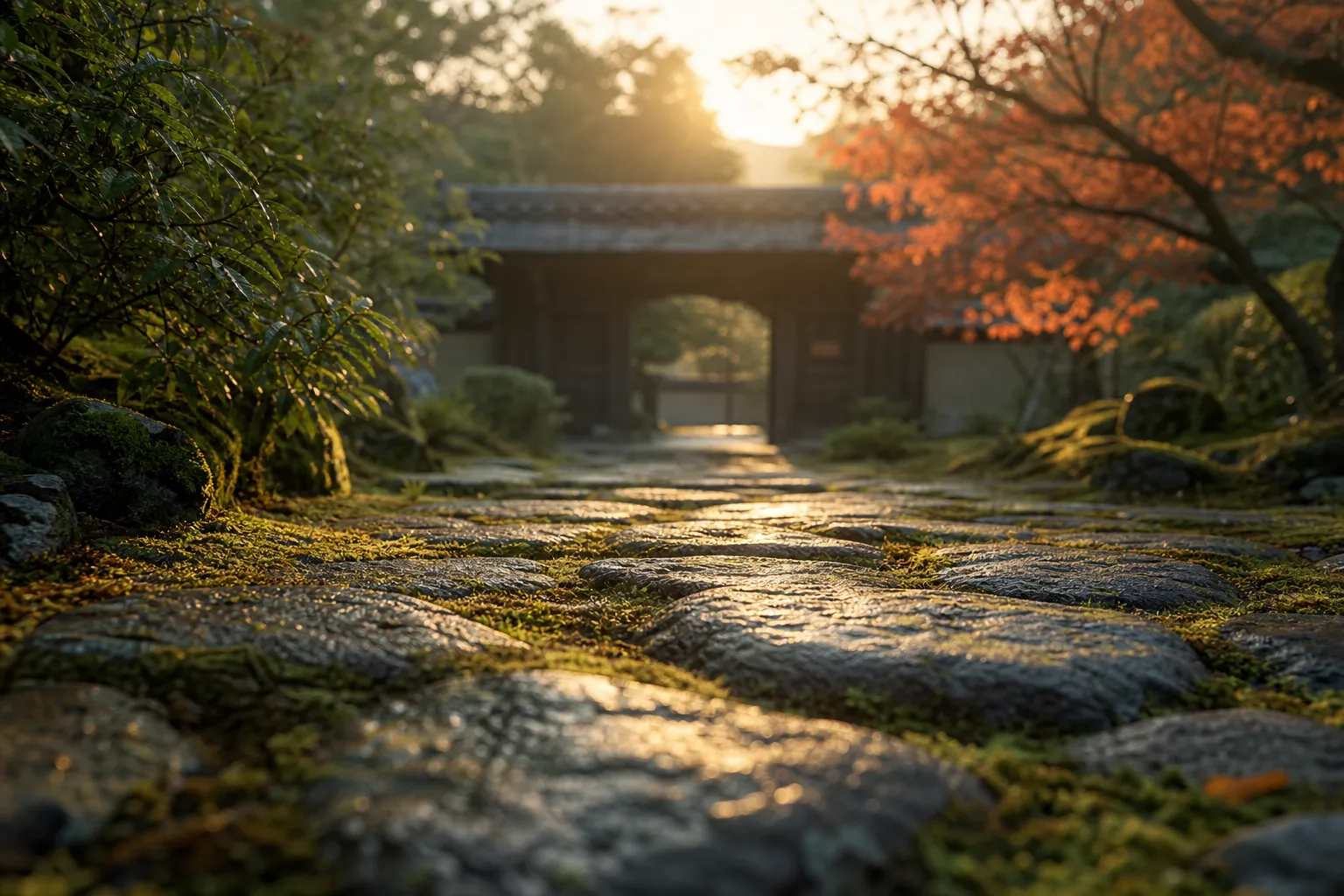 Mossy stone path leading to a simple wooden gate in soft morning light