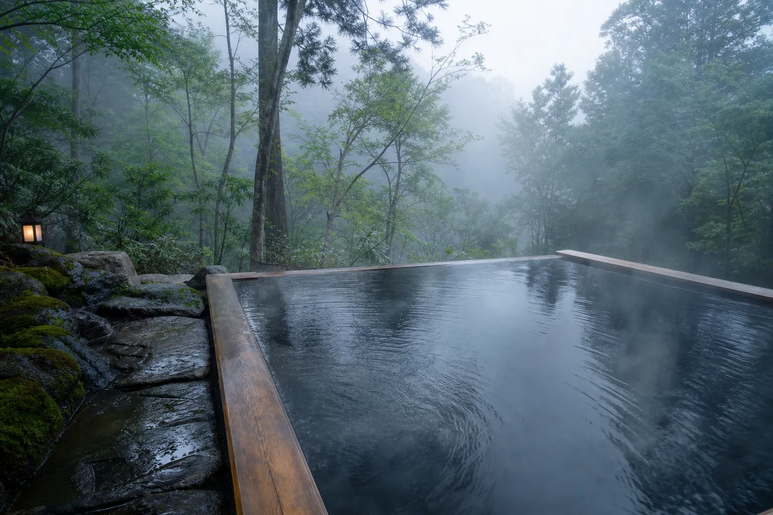 Steaming outdoor onsen bath in a wooded setting on a misty morning