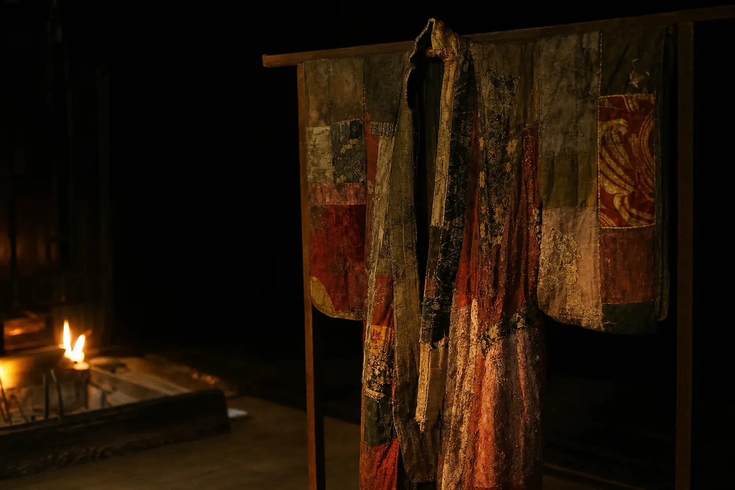 A patchwork hanui kimono pieced from century-old silk scraps, displayed on a stand, its red and gold fabric catching firelight