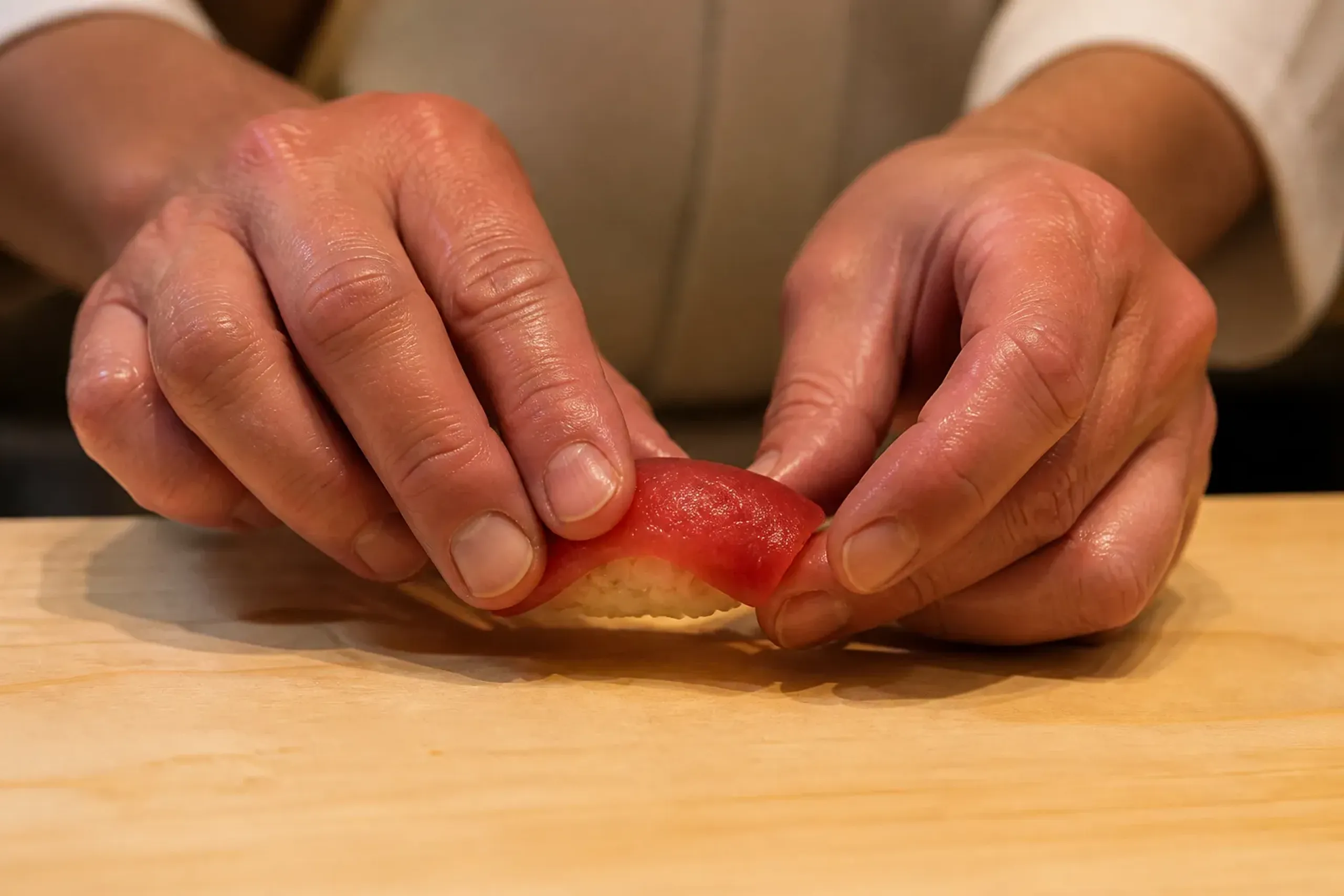 A sushi chef's hands shaping nigiri at a clean Tokyo counter