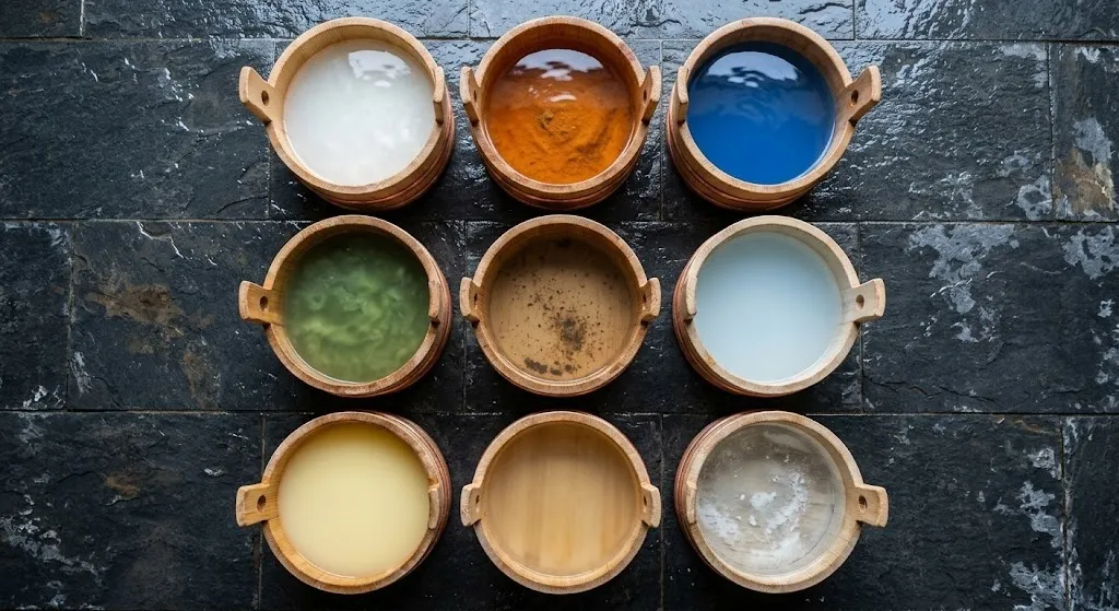 A 3x3 grid of traditional Japanese wooden bath buckets, each containing different colored thermal waters, illustrating the diverse mineral compositions found within the unique springs of Noboribetsu.