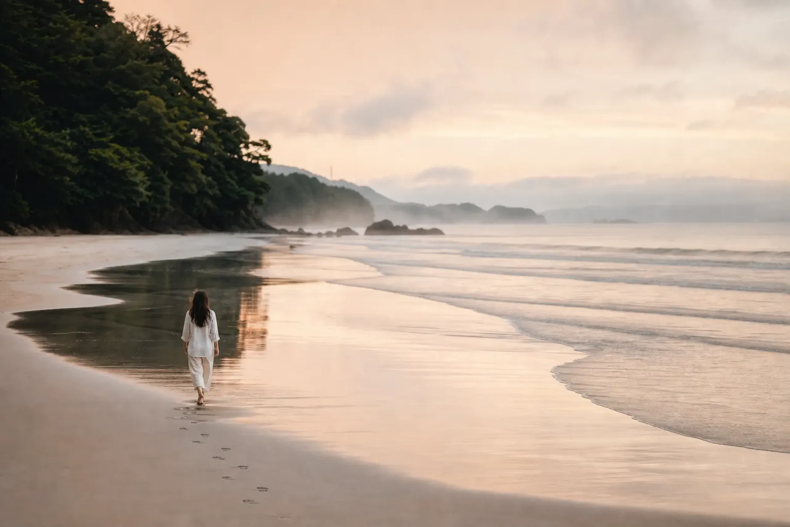 Quiet Okinawa shoreline at sunrise with a lone walker and gentle waves