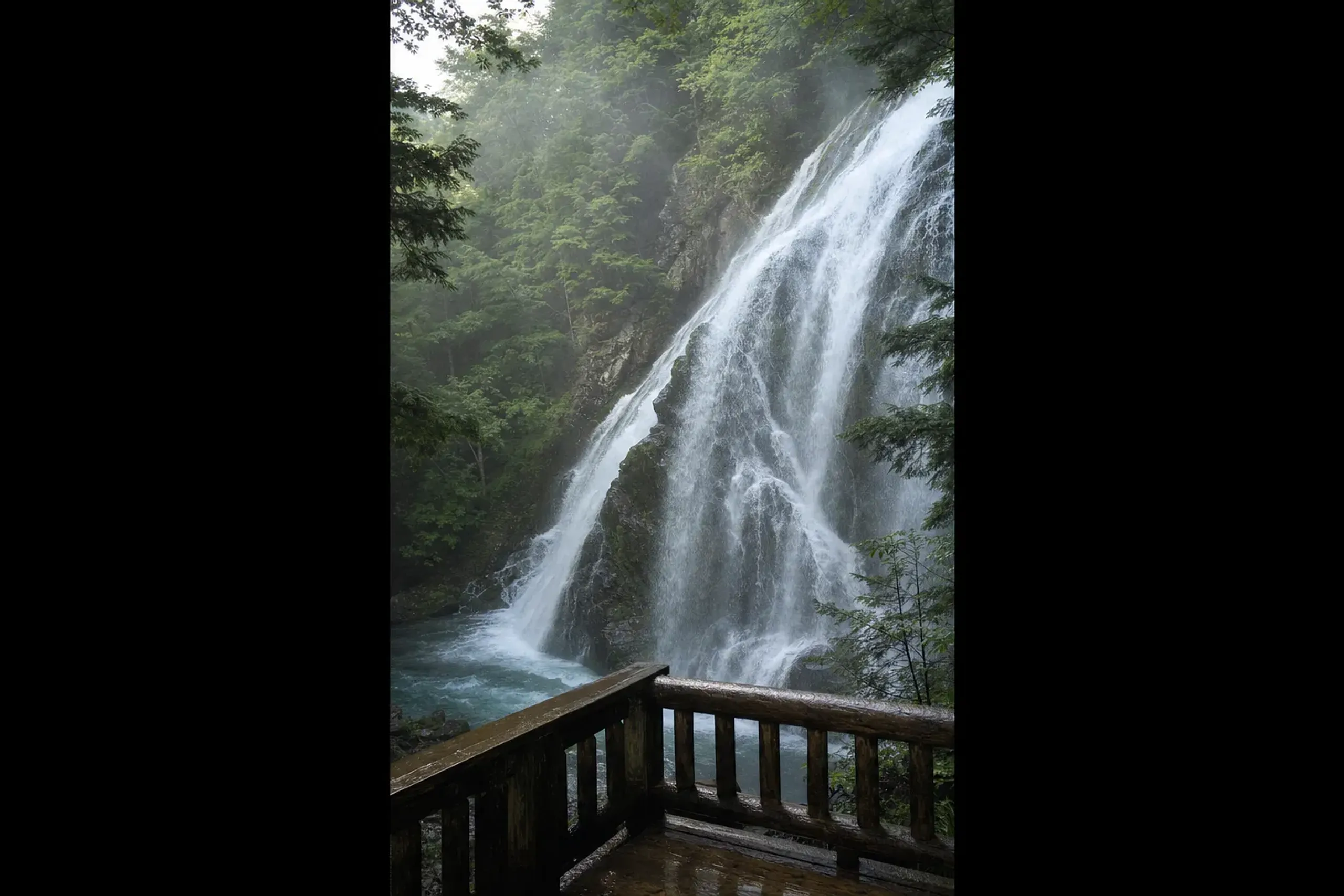 The viewing platform near the plunge pool of Yudaki Falls, the Yukawa River dropping over the 70-metre cliff in steam and spray