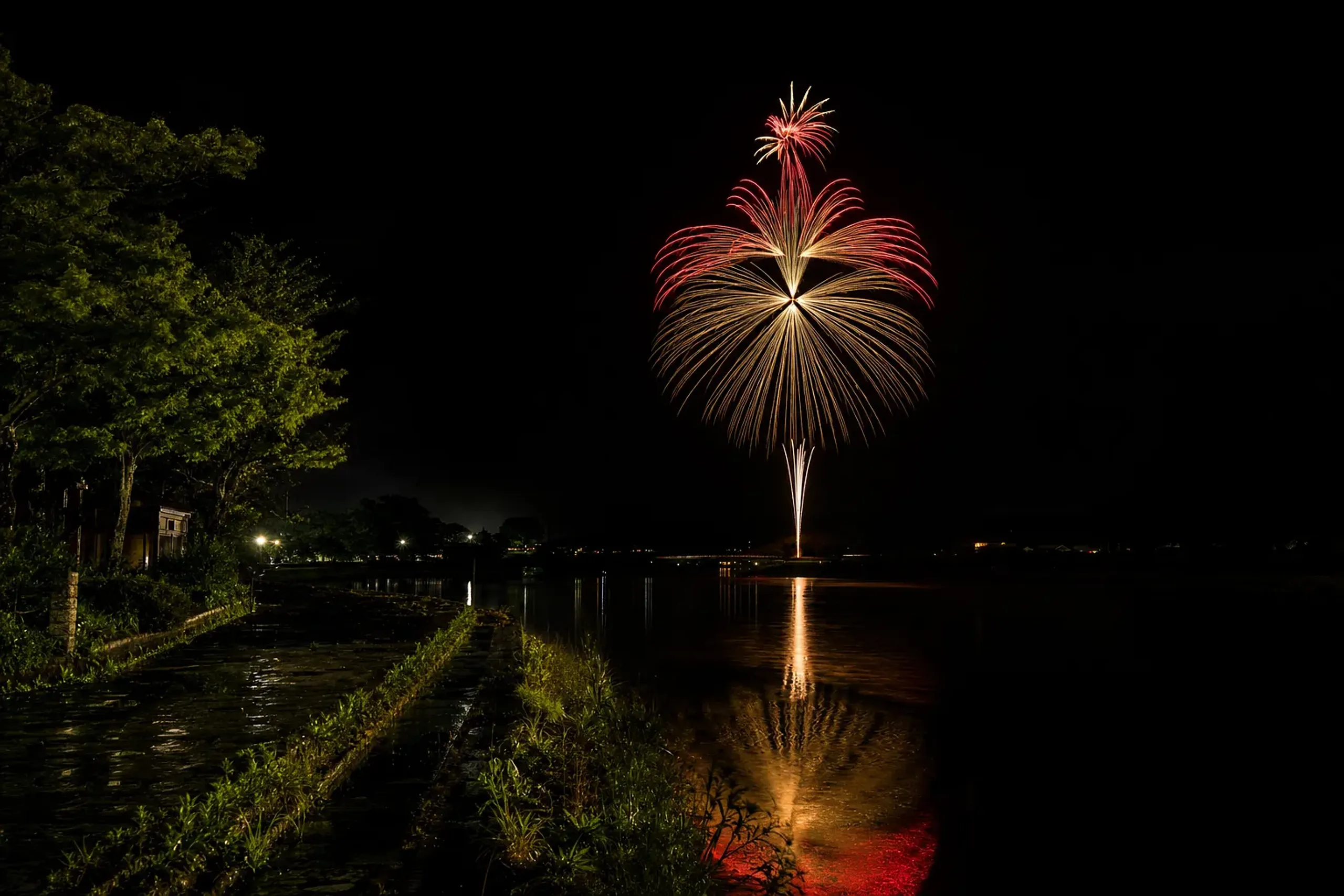 A non-spherical creative firework shell bursting over the Omono River at night, forming a themed shape in red and gold against the dark Akita sky