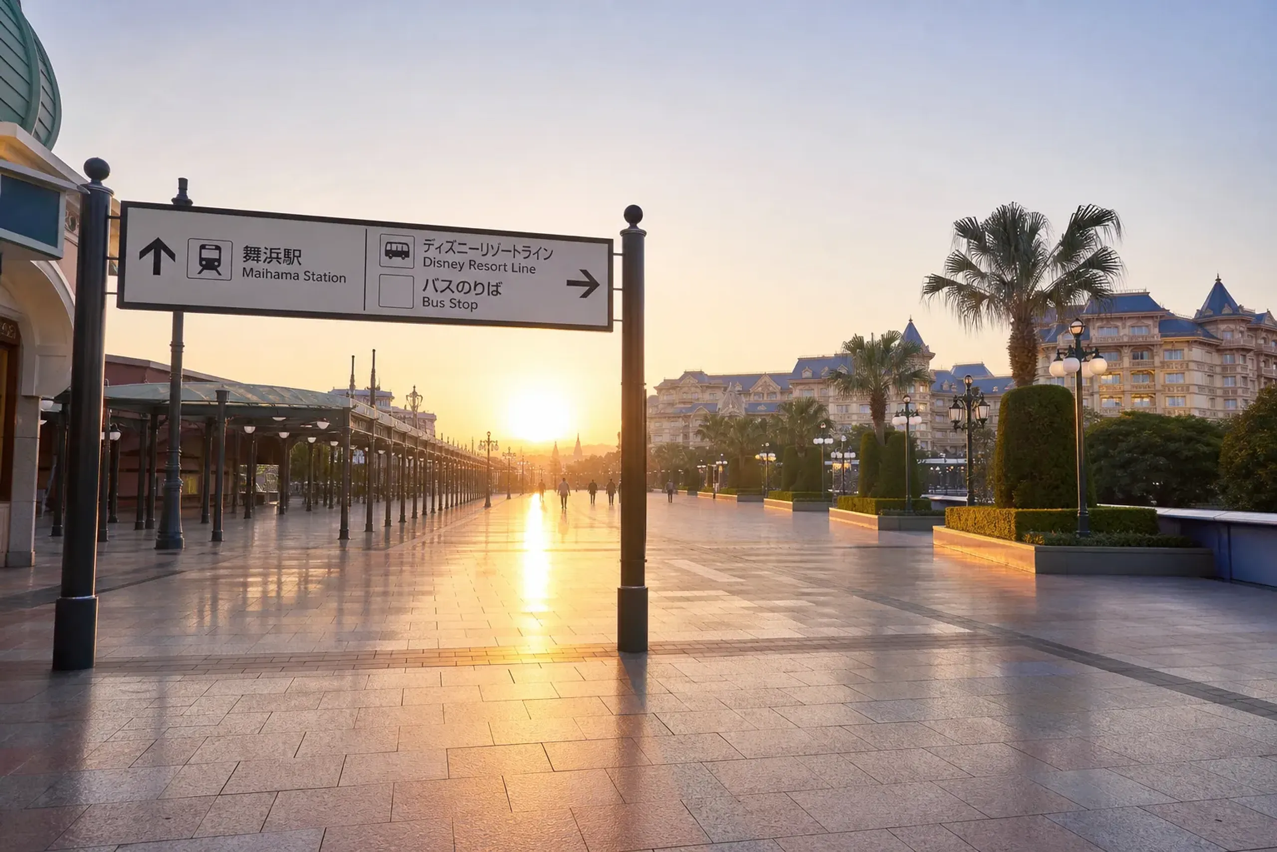 Early morning walkway near Maihama Station approaching Tokyo Disney Resort, with directional signage and soft sunrise light